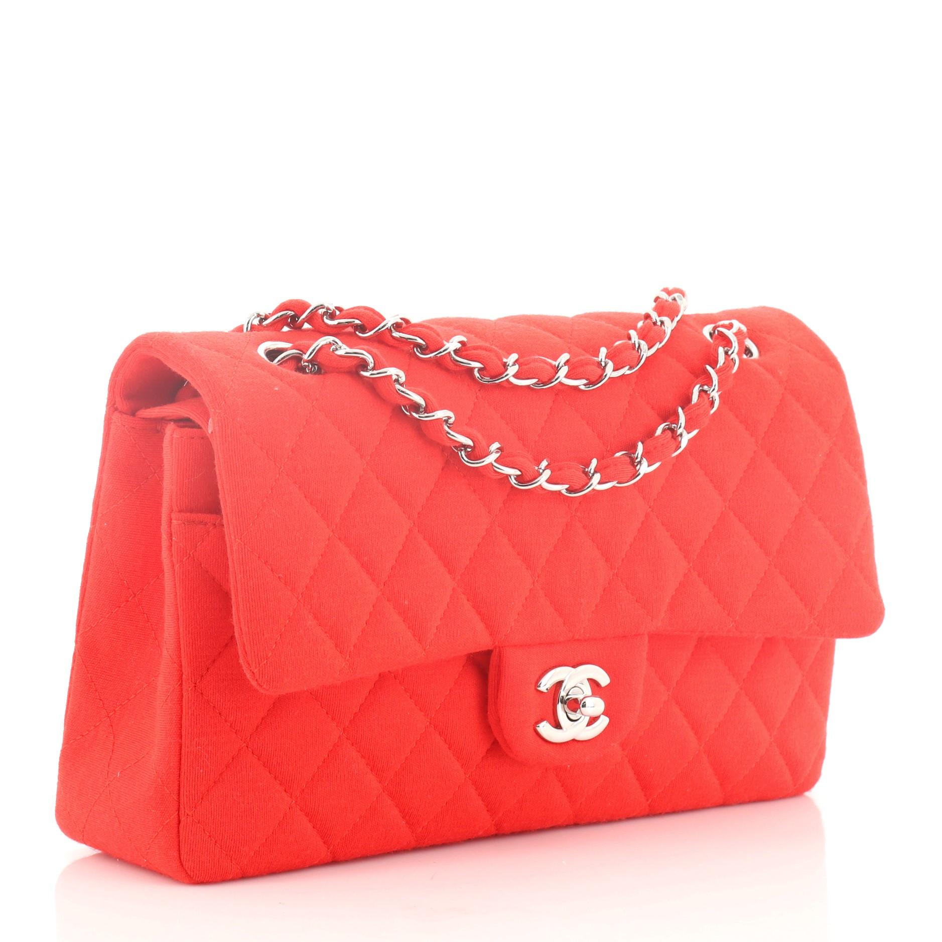 Red Chanel Classic Double Flap Bag Quilted Jersey Medium 