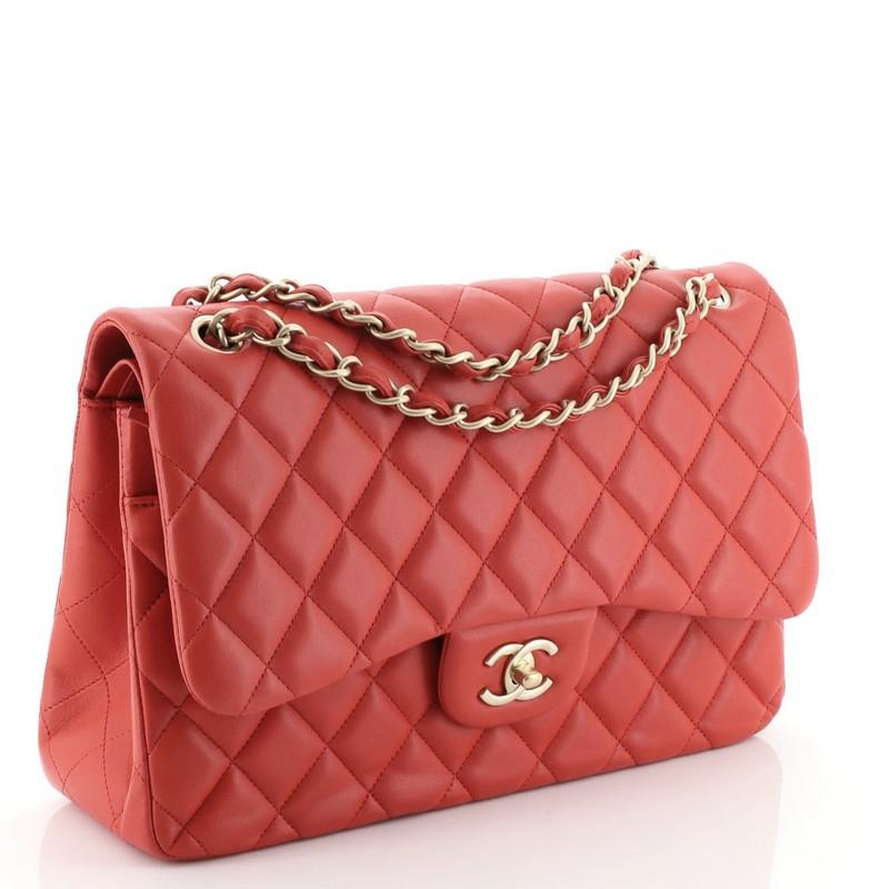 Red Chanel Classic Double Flap Bag Quilted Lambskin Jumbo