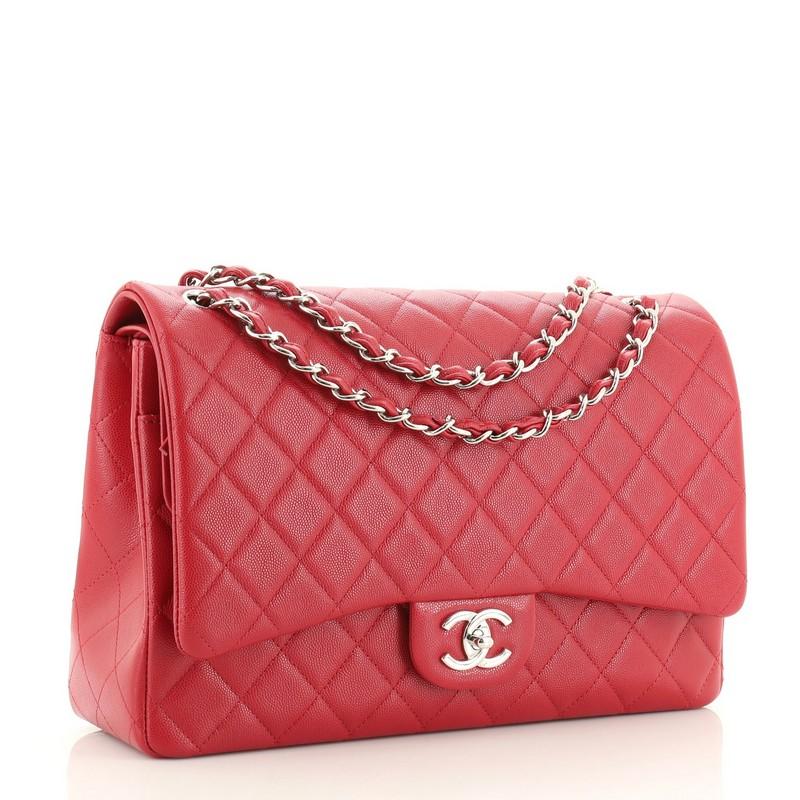Red Chanel Classic Double Flap Bag Quilted Lambskin Maxi