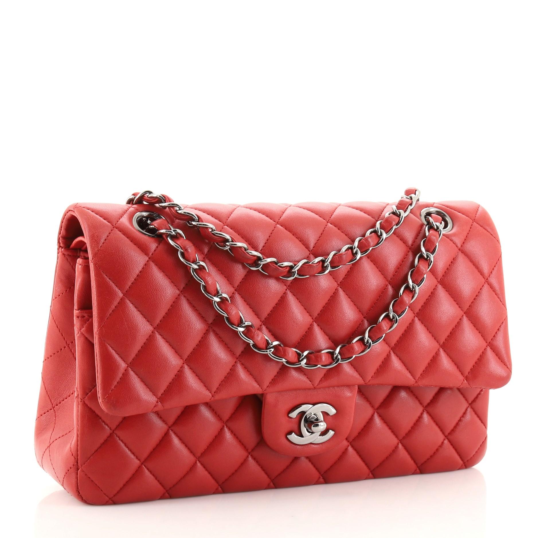 Red Chanel Classic Double Flap Bag Quilted Lambskin Medium