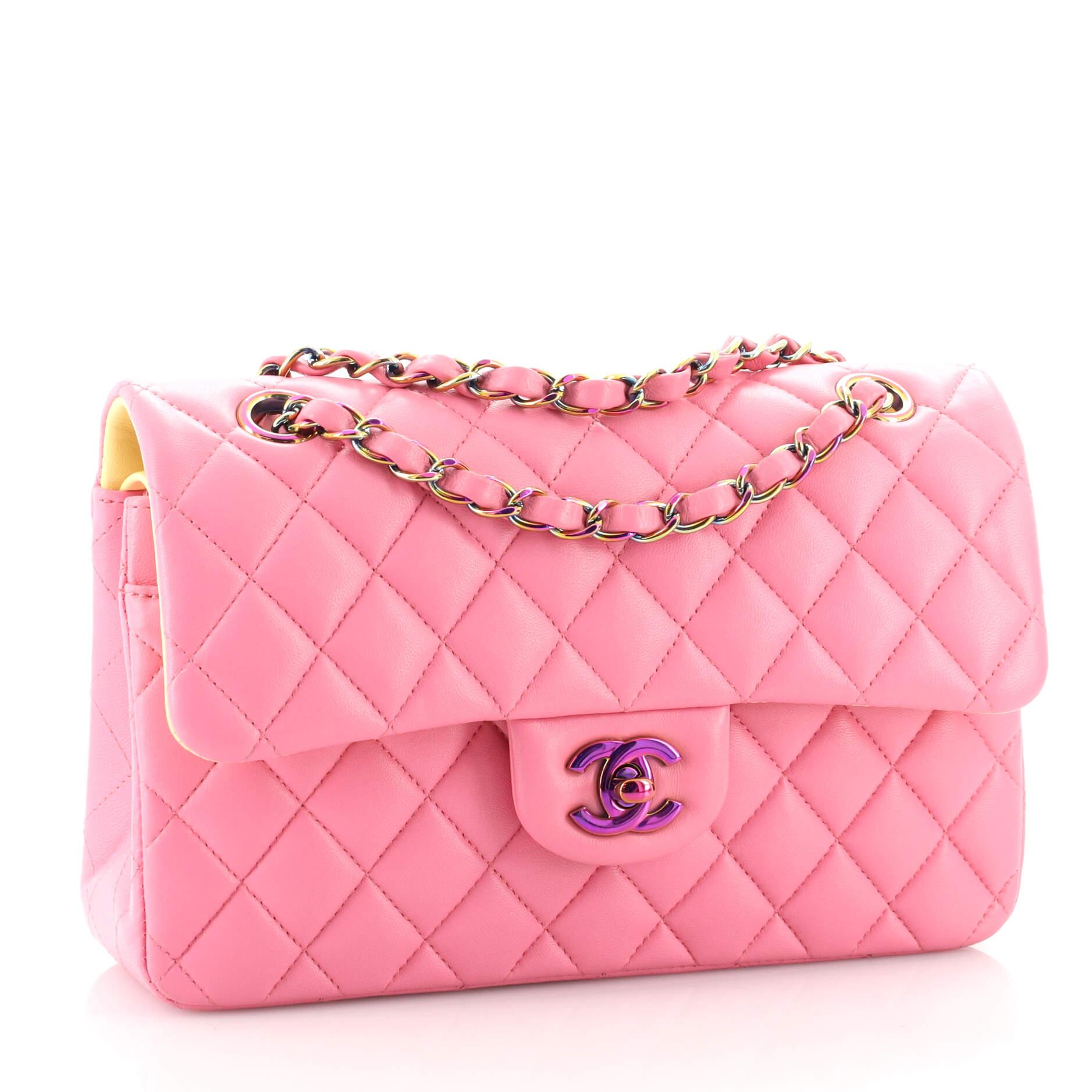 Chanel Classic Double Flap Bag Quilted Lambskin with Rainbow Hardware Small In Good Condition In NY, NY