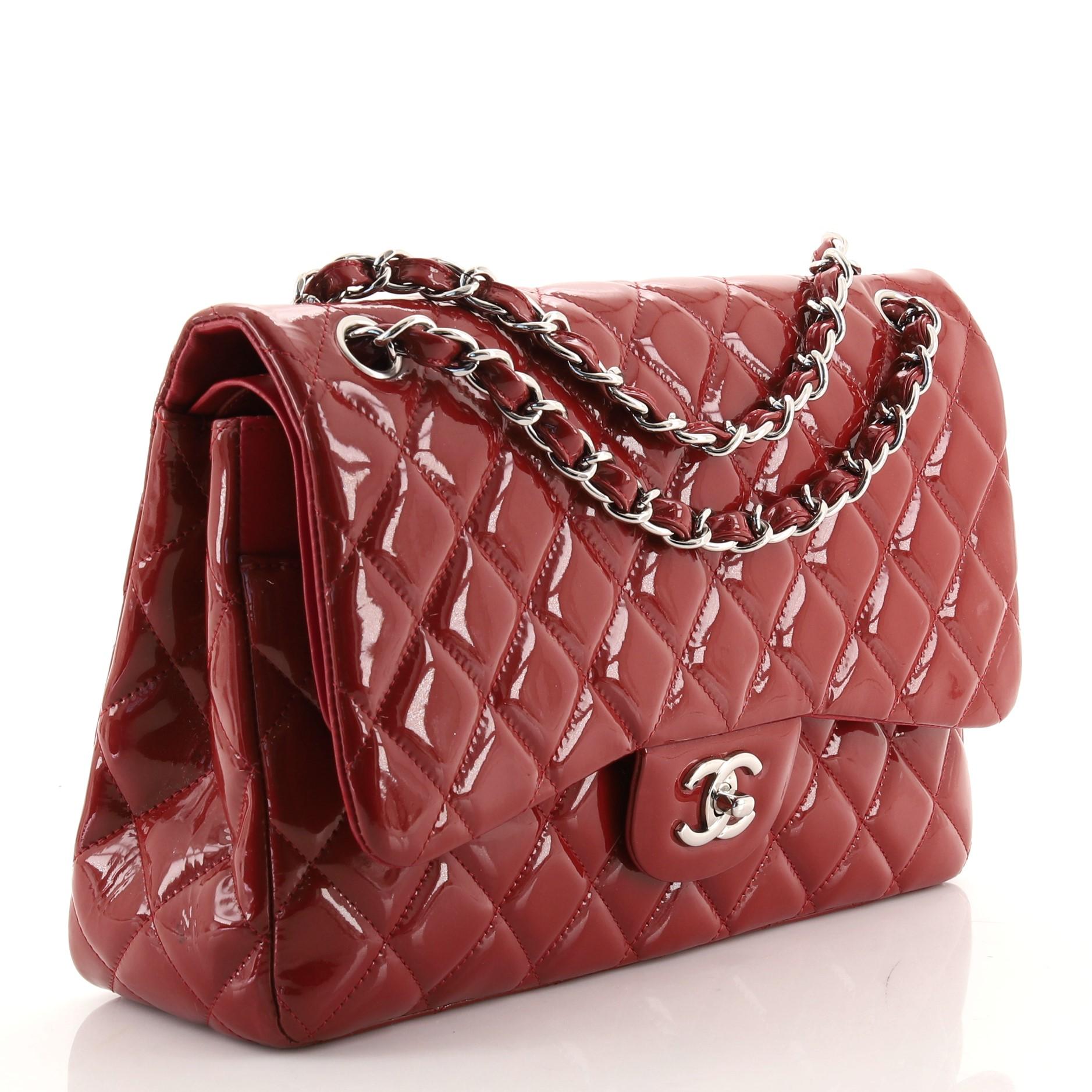 Red Chanel Classic Double Flap Bag Quilted Patent Jumbo