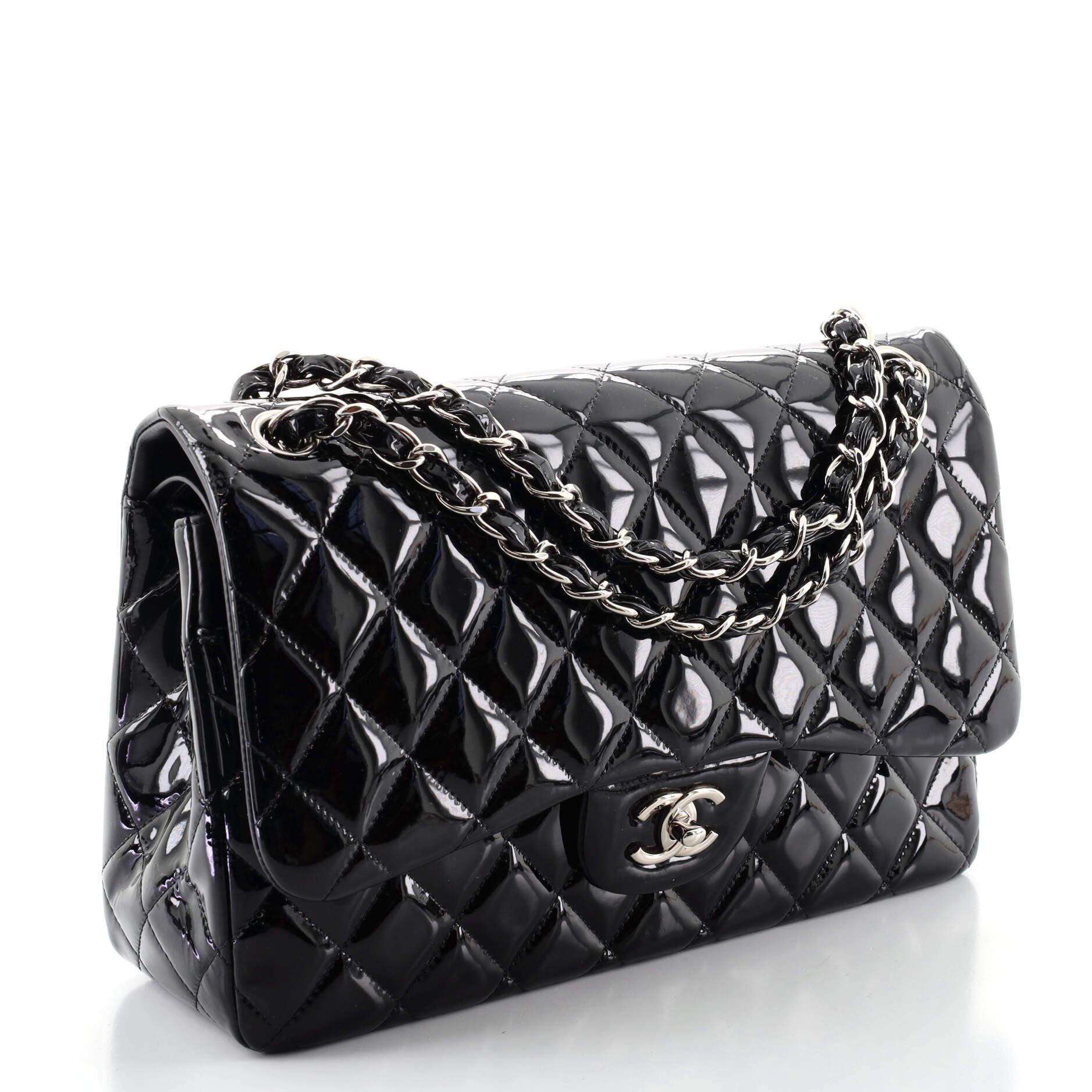 Black Chanel Classic Double Flap Bag Quilted Patent Jumbo