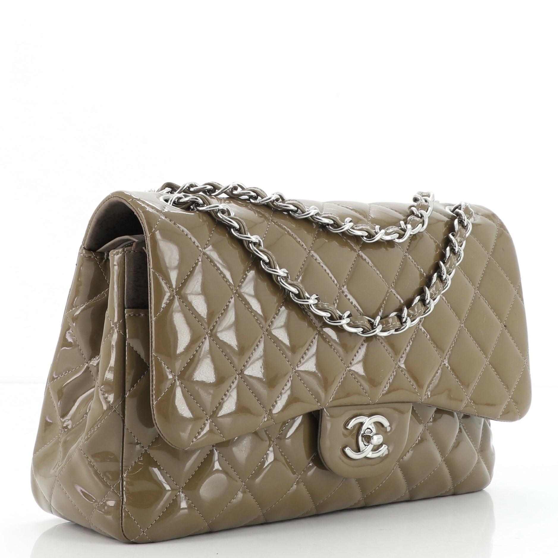 Brown Chanel Classic Double Flap Bag Quilted Patent Jumbo