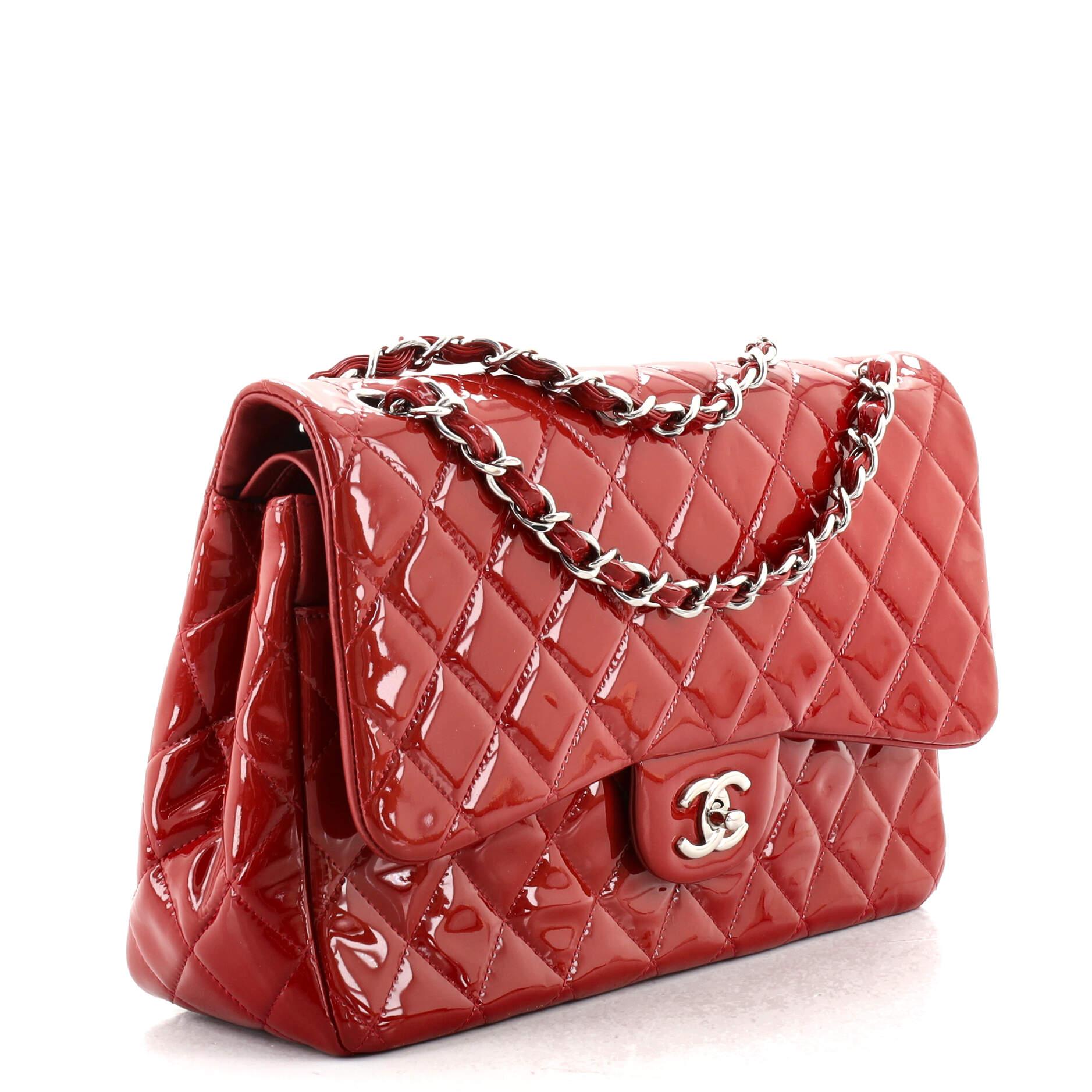 Red Chanel Classic Double Flap Bag Quilted Patent Jumbo