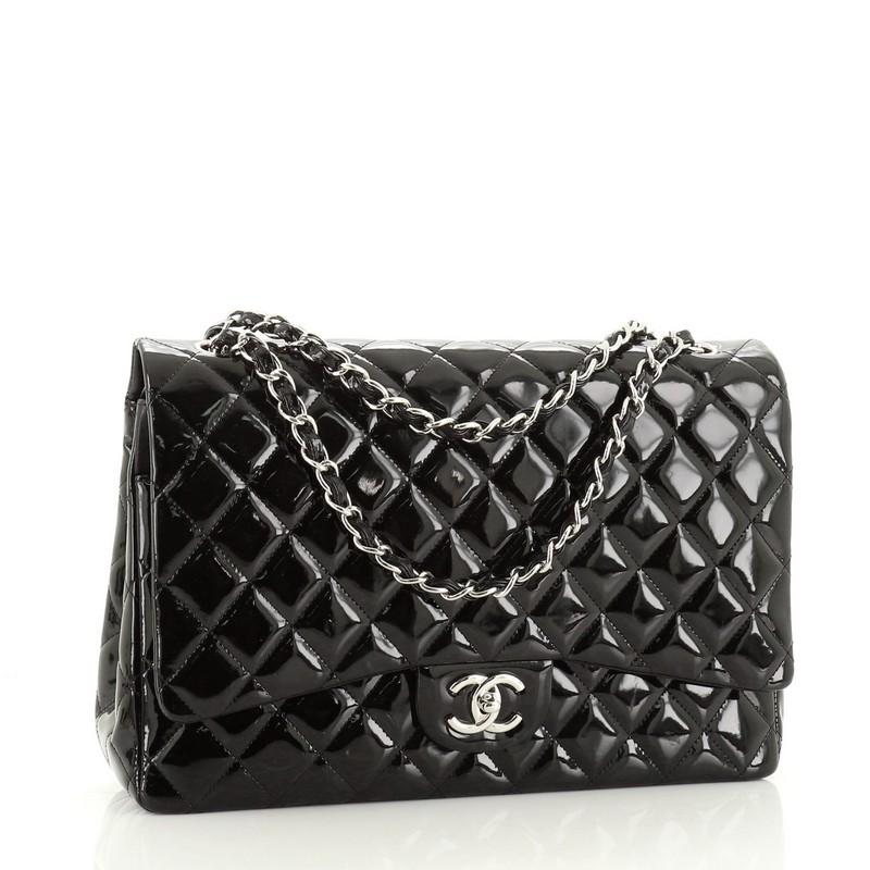 Black Chanel Classic Double Flap Bag Quilted Patent Maxi