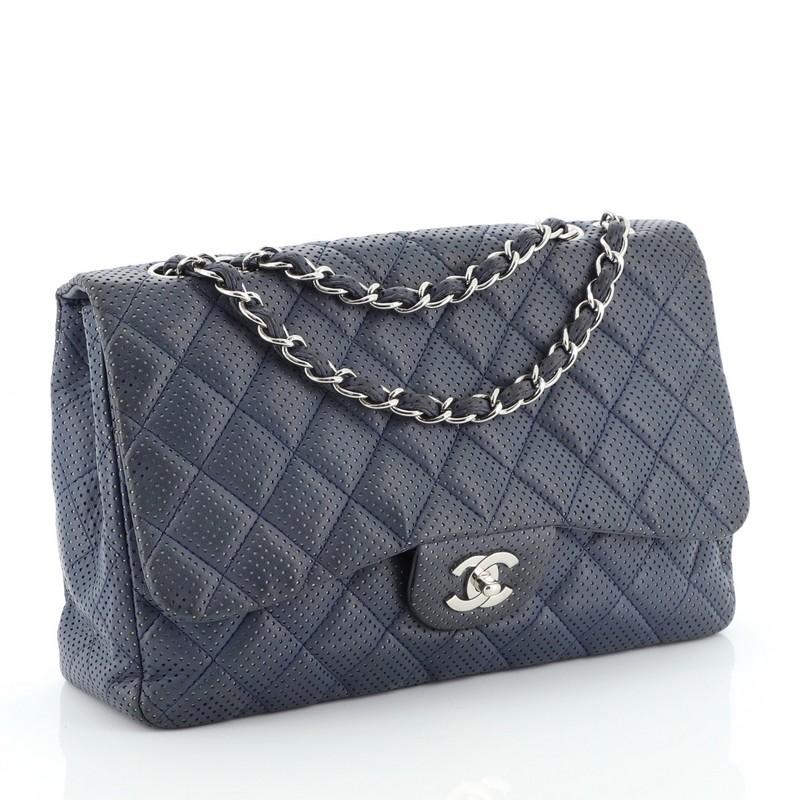 Black Chanel Classic Double Flap Bag Quilted Perforated Lambskin Jumbo