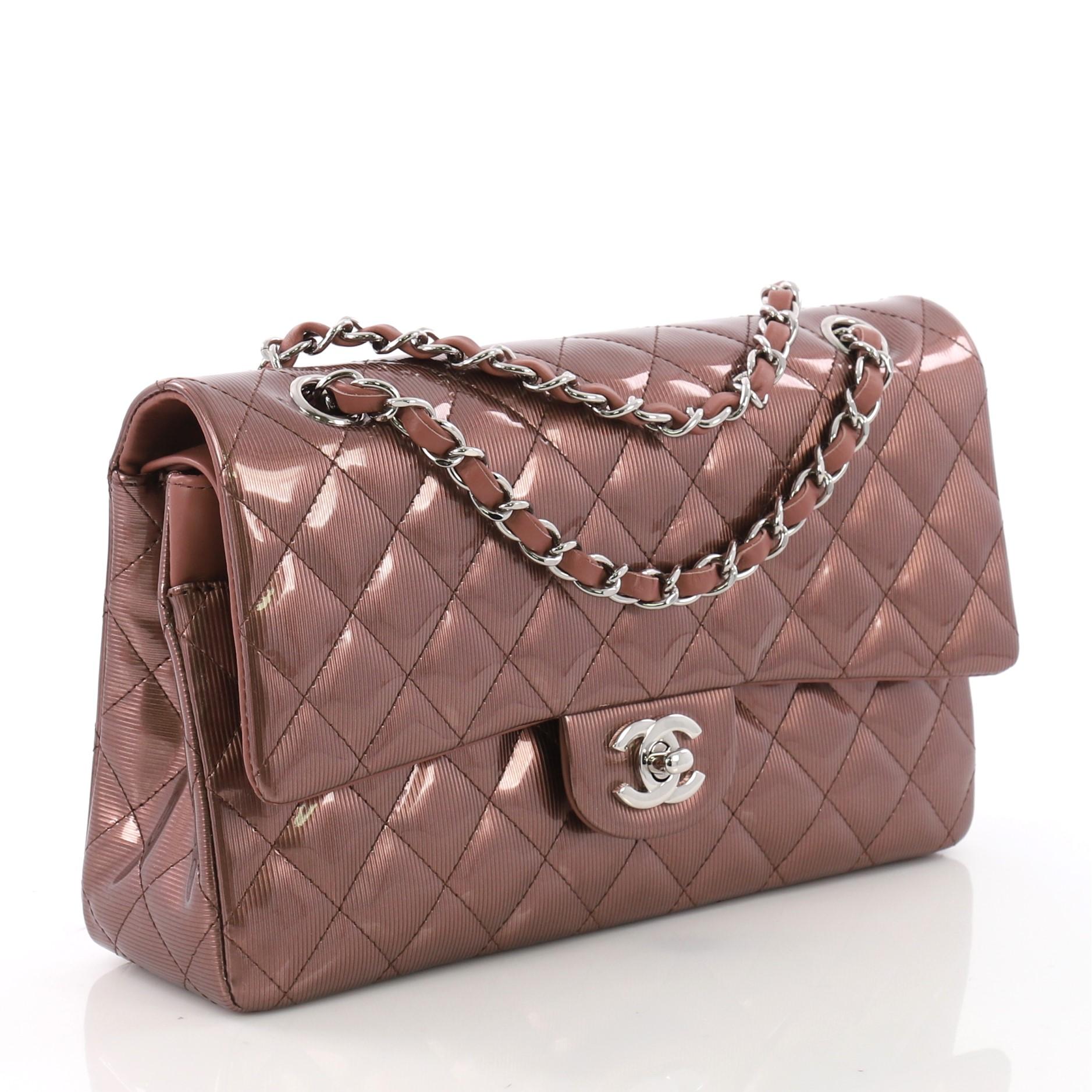 Brown Chanel Classic Double Flap Bag Quilted Striated Metallic Patent Medium