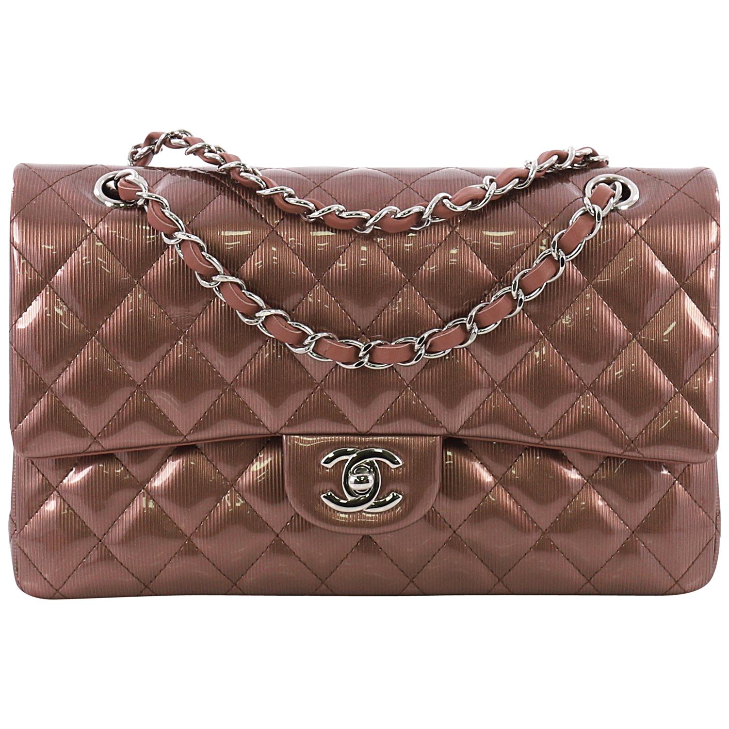 Chanel Bronze Striated Quilted Patent Leather Classic Maxi Double Flap Bag