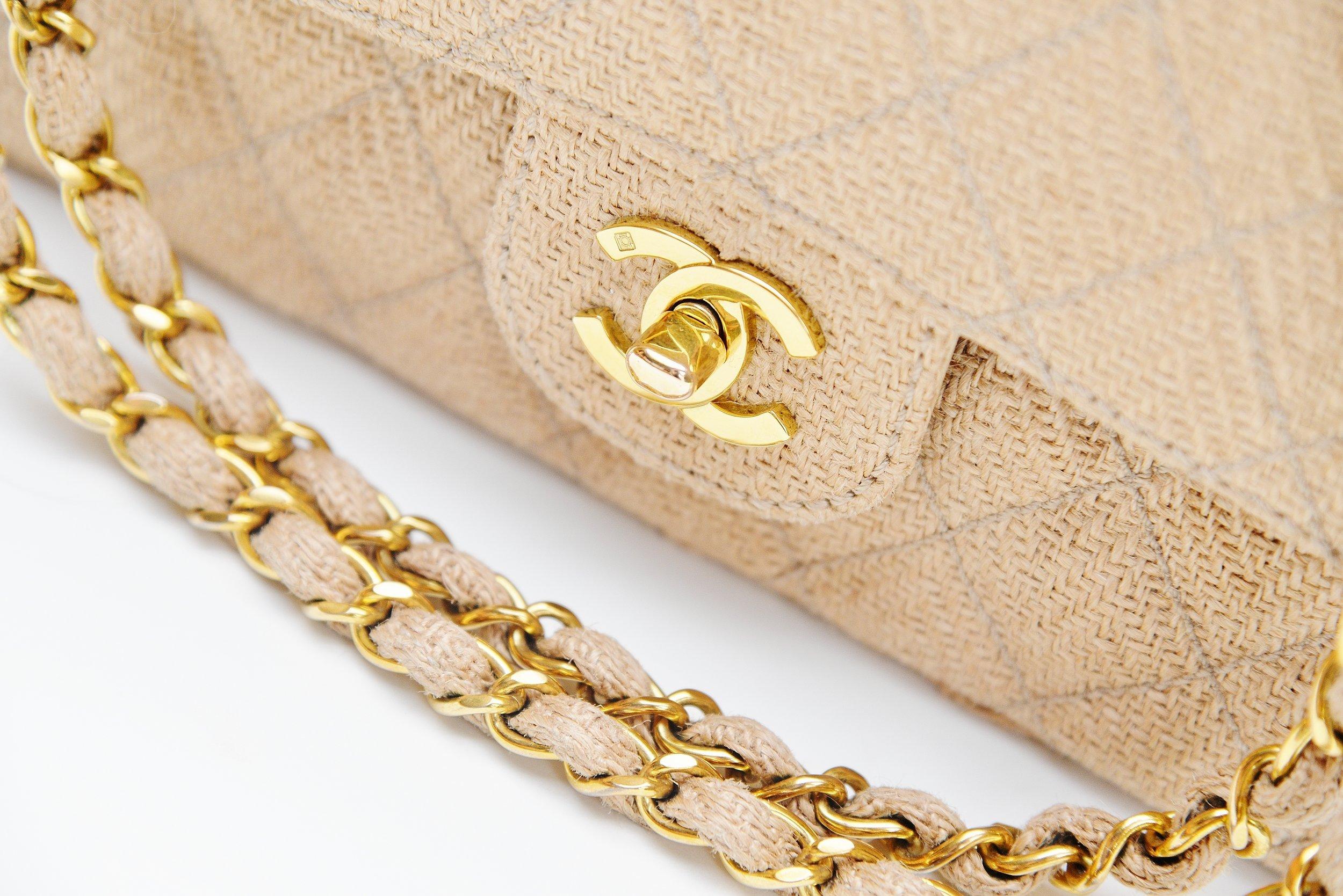 beige bag with gold chain