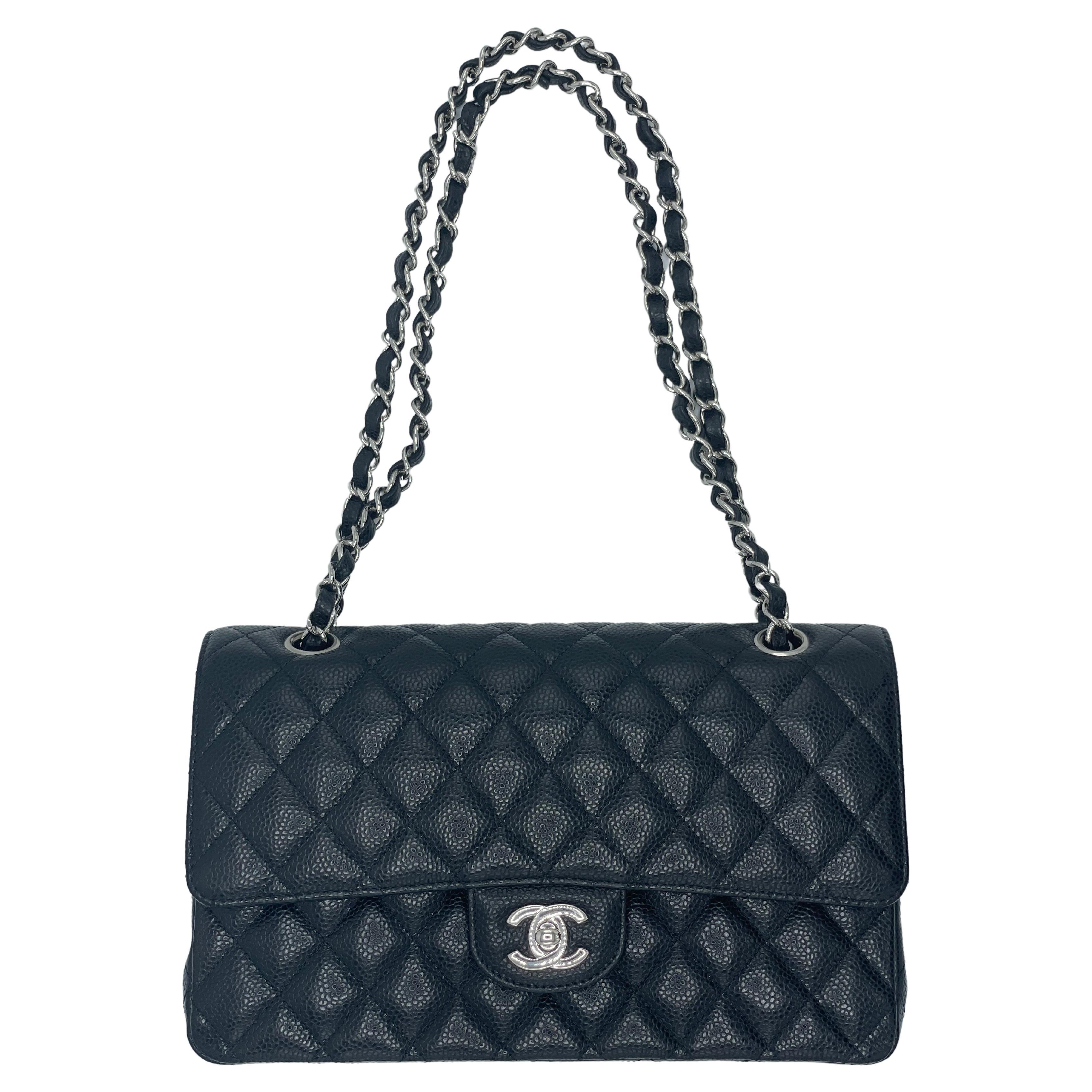  Chanel Classic Double Flap Black Silver Caviar Leather