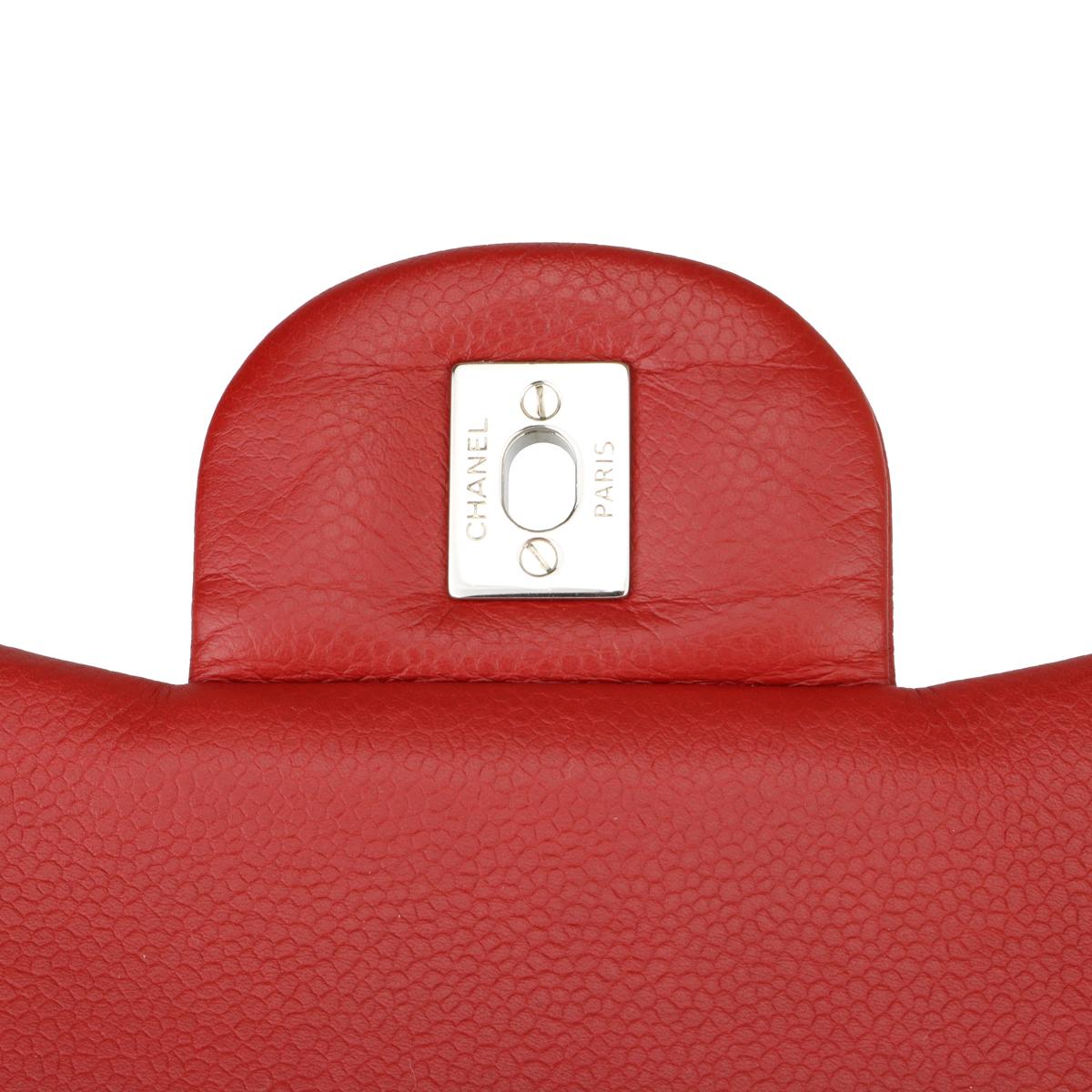 CHANEL Classic Double Flap Jumbo Bag Red Soft Caviar with Silver Hardware 2011 10