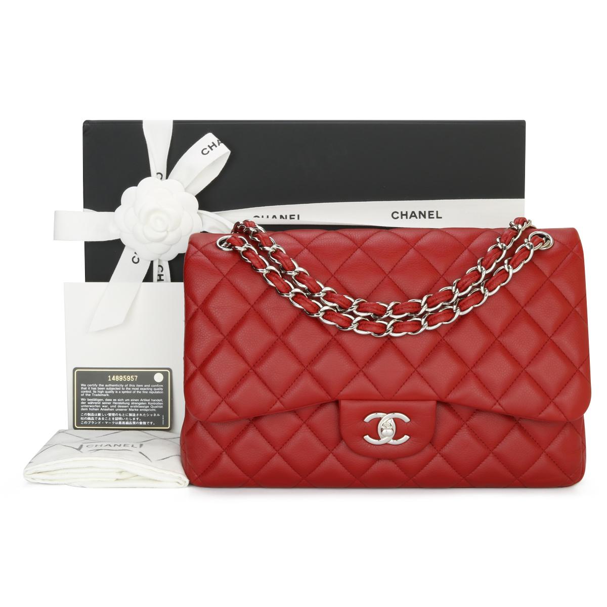 CHANEL Classic Double Flap Jumbo Bag Red in Soft Caviar with Silver Hardware 2011.

This stunning bag is in very good condition, the bag still holds its shape well, and the hardware is still very shiny.

- Exterior Condition: Very good condition,