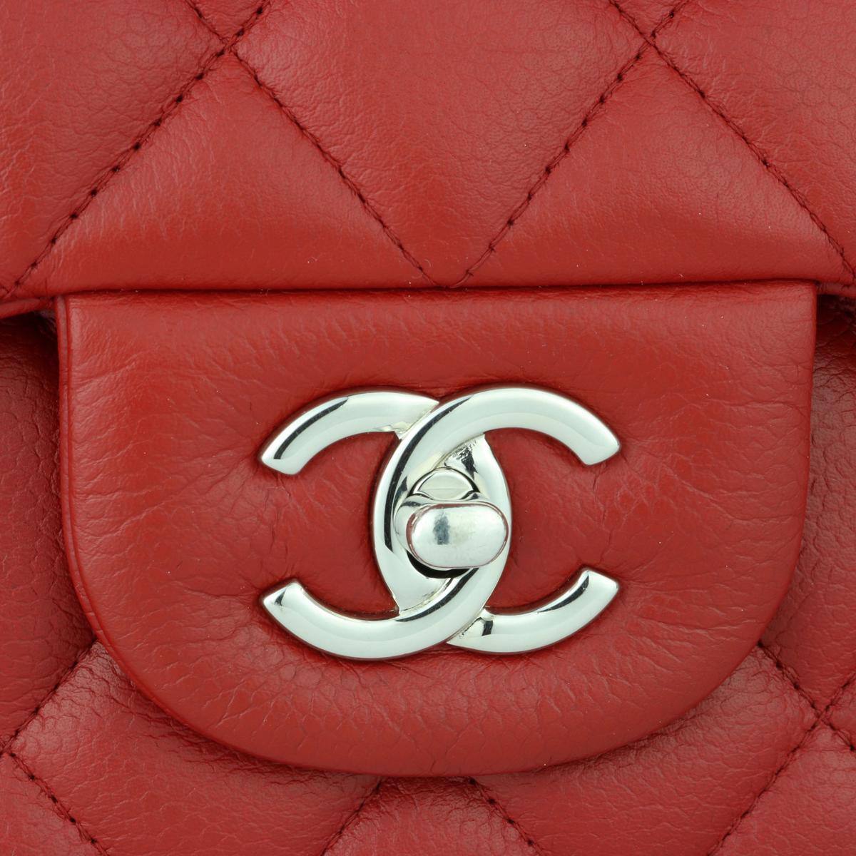 Women's or Men's CHANEL Classic Double Flap Jumbo Bag Red Soft Caviar with Silver Hardware 2011