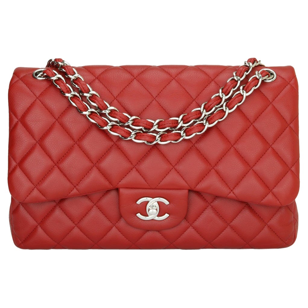CHANEL Classic Double Flap Jumbo Tasche Rot Weiches Kaviar mit Silber Hardware 2011