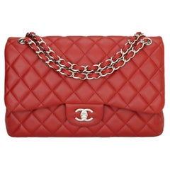 CHANEL Classic Double Flap Jumbo Tasche Rot Weiches Kaviar mit Silber Hardware 2011