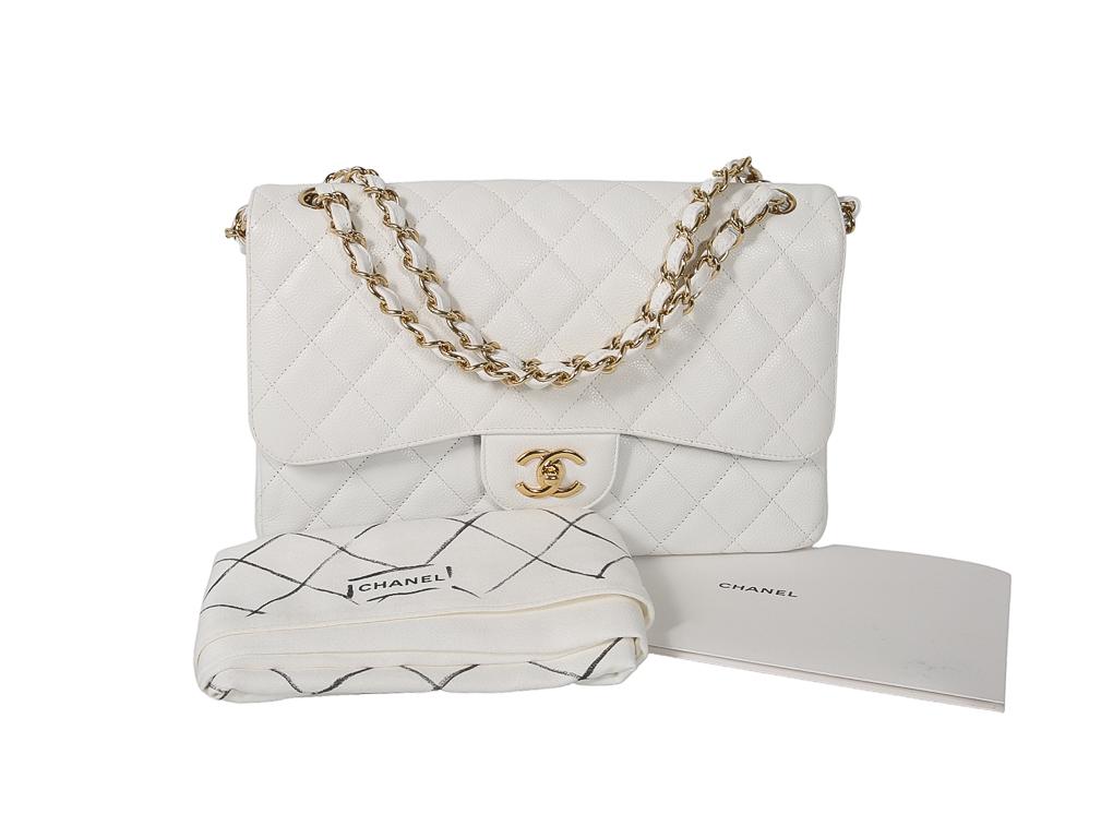 CHANEL CLASSIC DOUBLE FLAP JUMBO BAG - White Caviar Leather For Sale 6