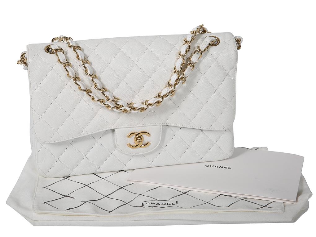 CHANEL CLASSIC DOUBLE FLAP JUMBO BAG - White Caviar Leather For Sale 7