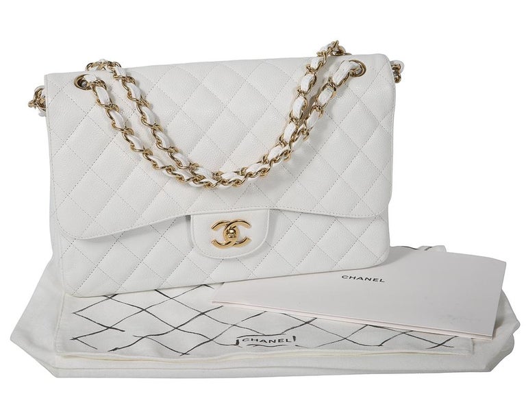 CHANEL CLASSIC DOUBLE FLAP JUMBO BAG - White Caviar Leather For Sale at  1stDibs