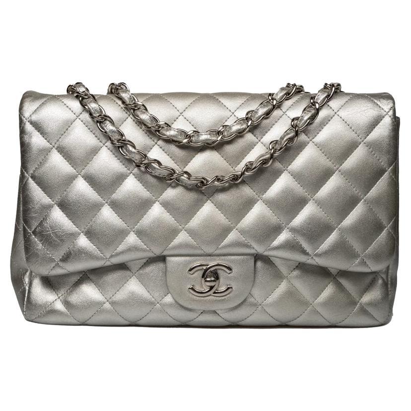 Chanel Classic Double Flap Jumbo Metallic Silver For Sale At 1stDibs Chanel Classic Double Flap Jumbo Metallic Silver For Sale At 1stDibs
