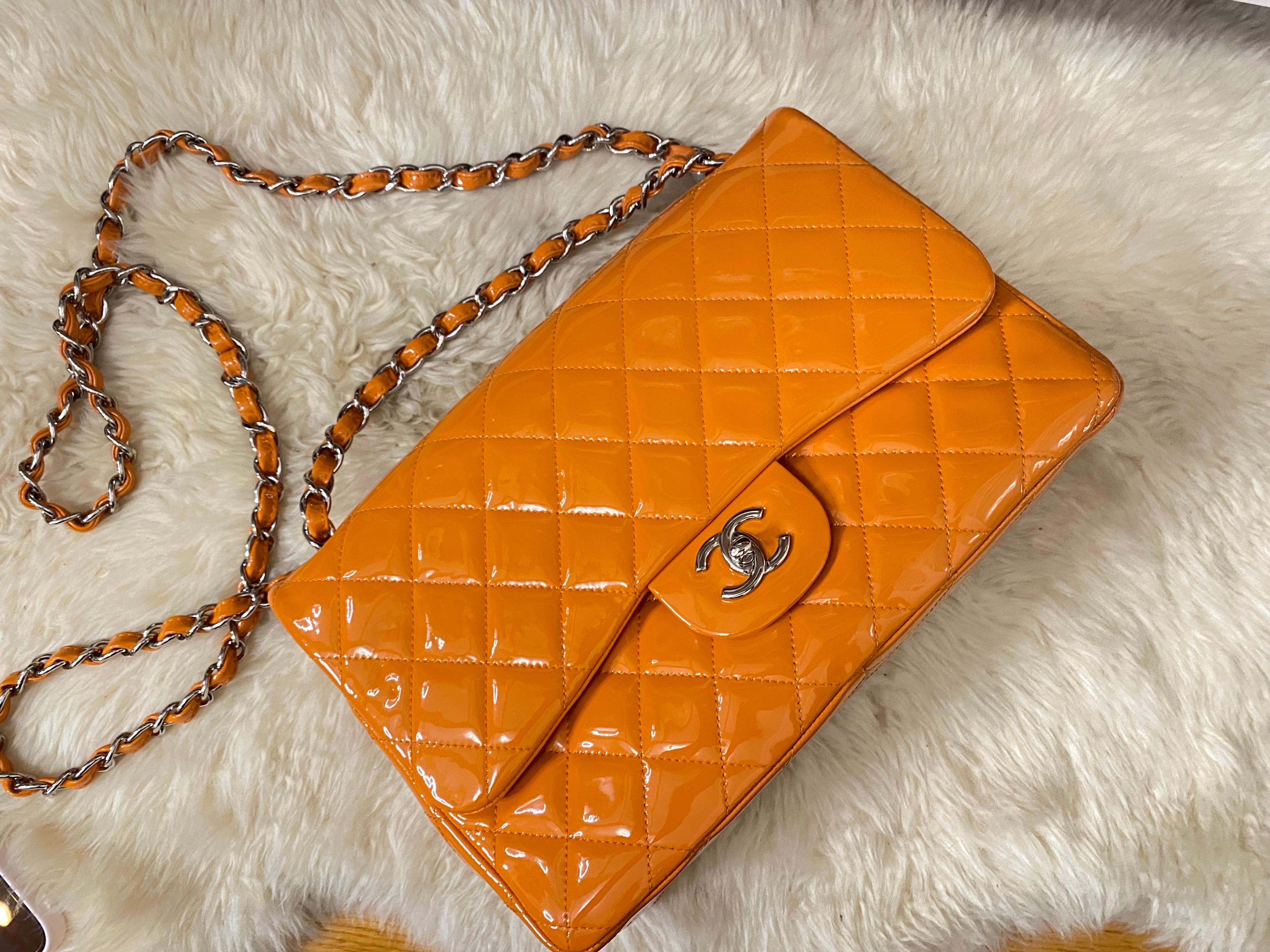 Women's Chanel Classic Double Flap Jumbo Patent Orange
