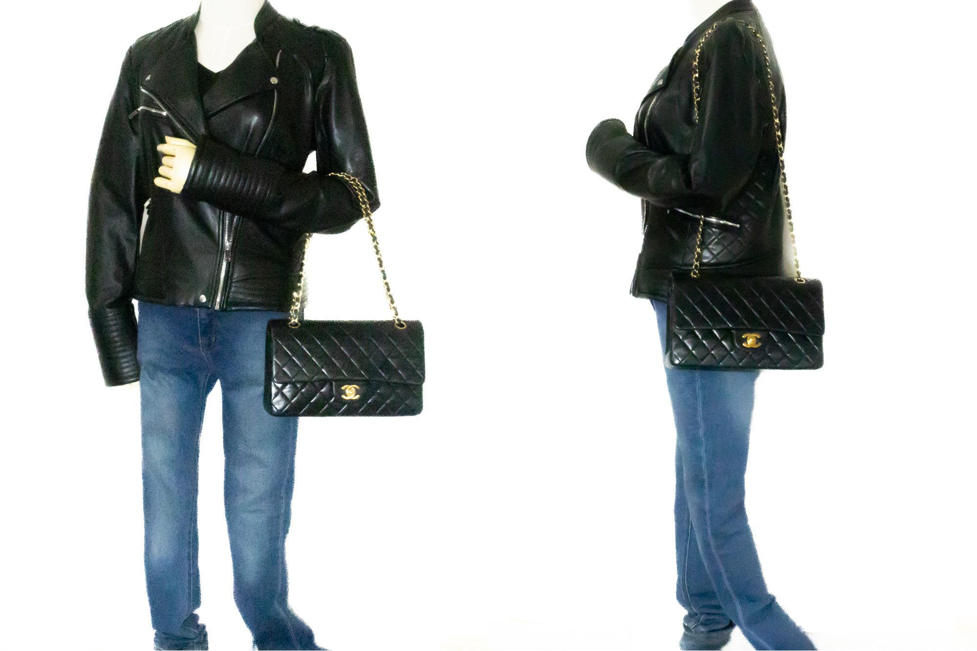CHANEL Classic Double Flap Medium Chain Shoulder Bag Black Lamb For Sale 7
