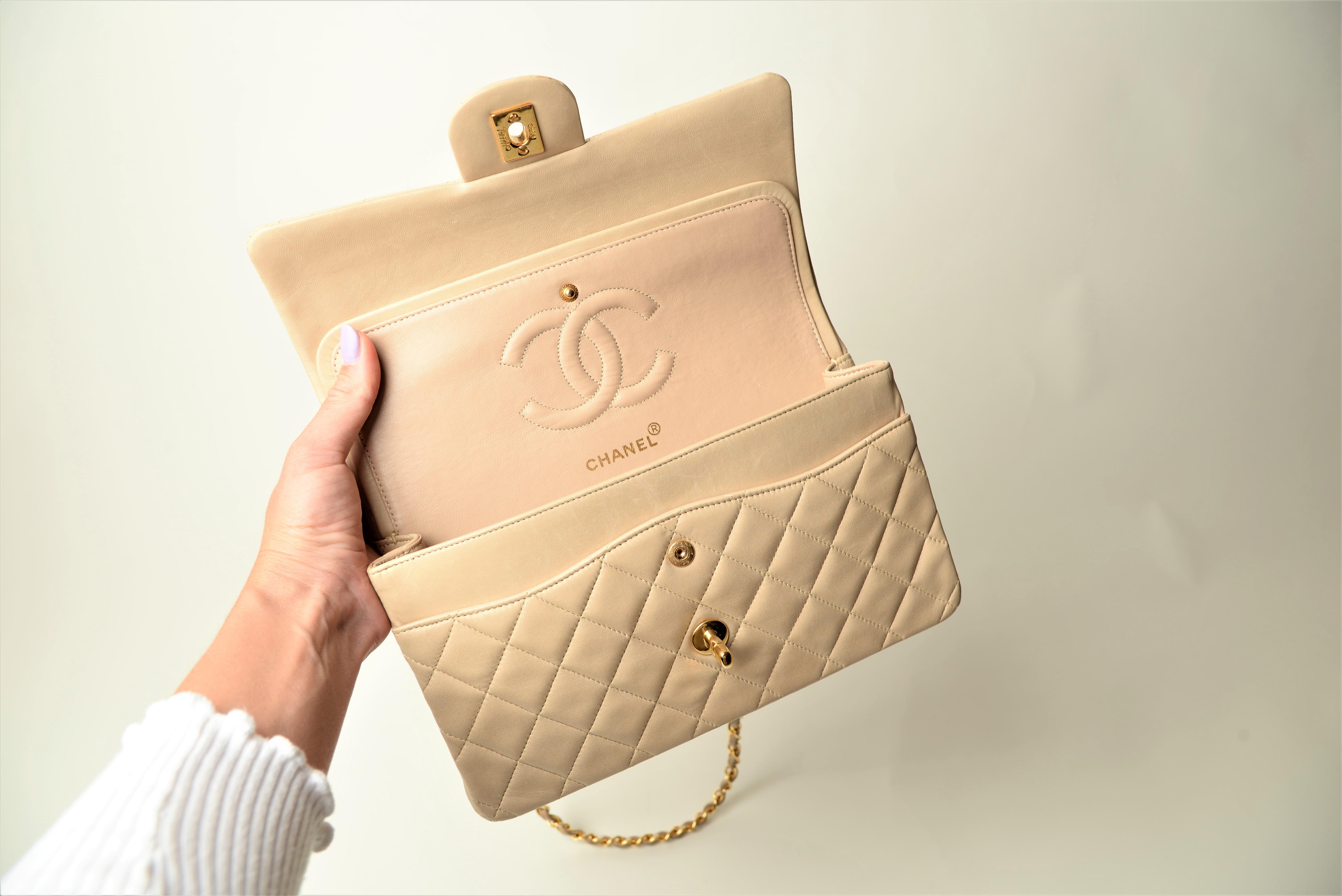 Chanel Classic Double Flap Medium Lambskin RARE Beige Gold Hardware 9