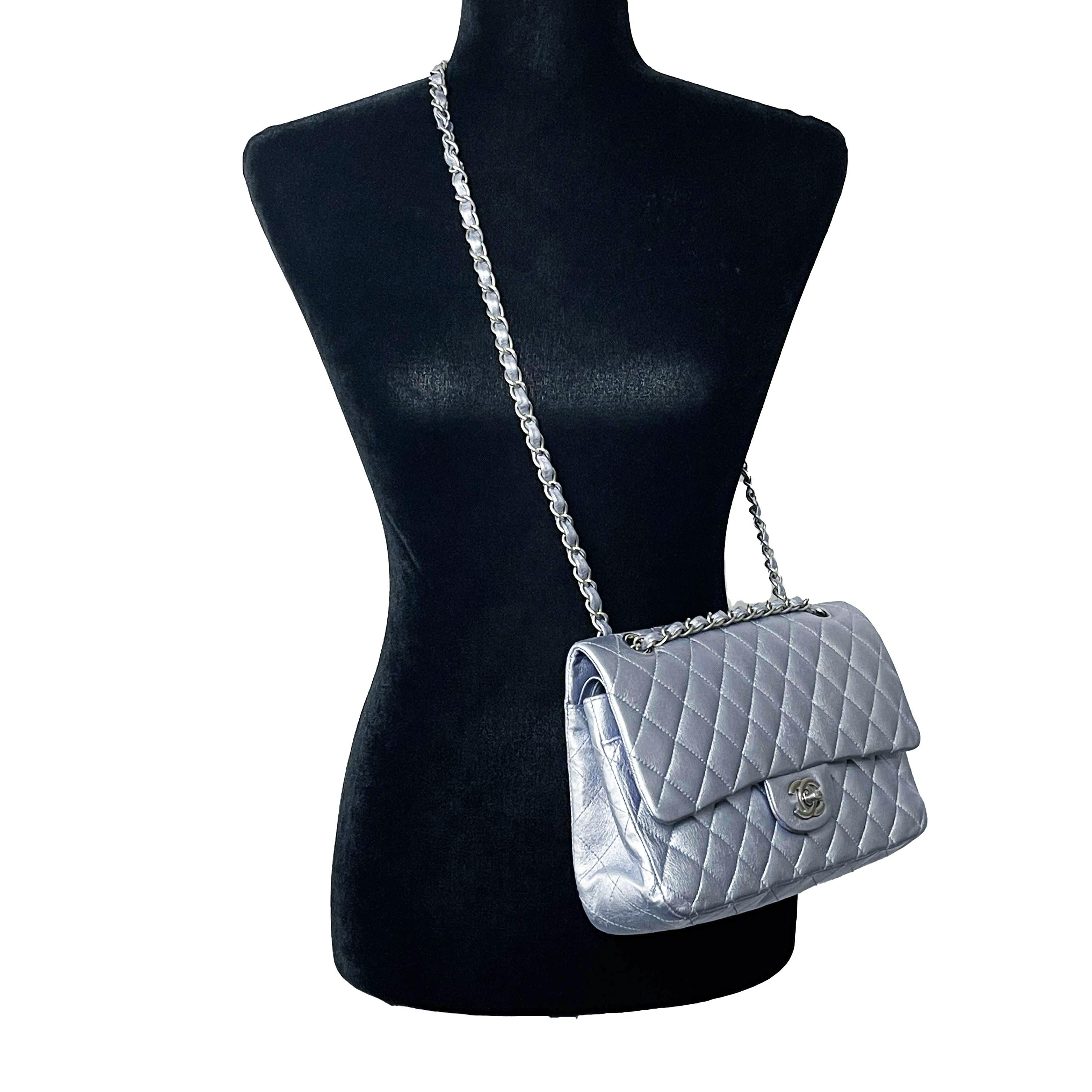 CHANEL - Classic Double Flap Metallic Silver CC Medium Leather Shoulder Bag 7
