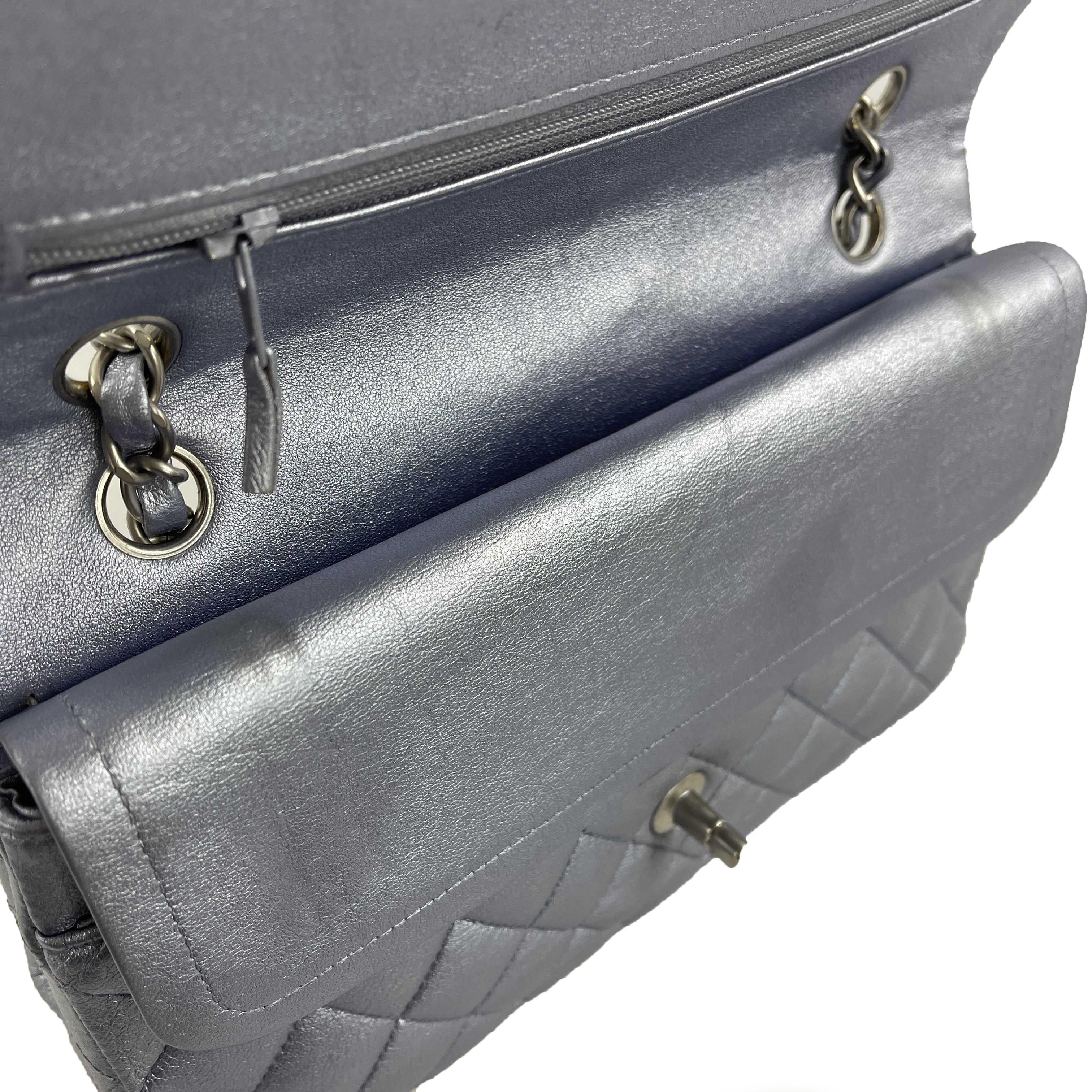 CHANEL - Classic Double Flap Metallic Silver CC Medium Leather Shoulder Bag 8