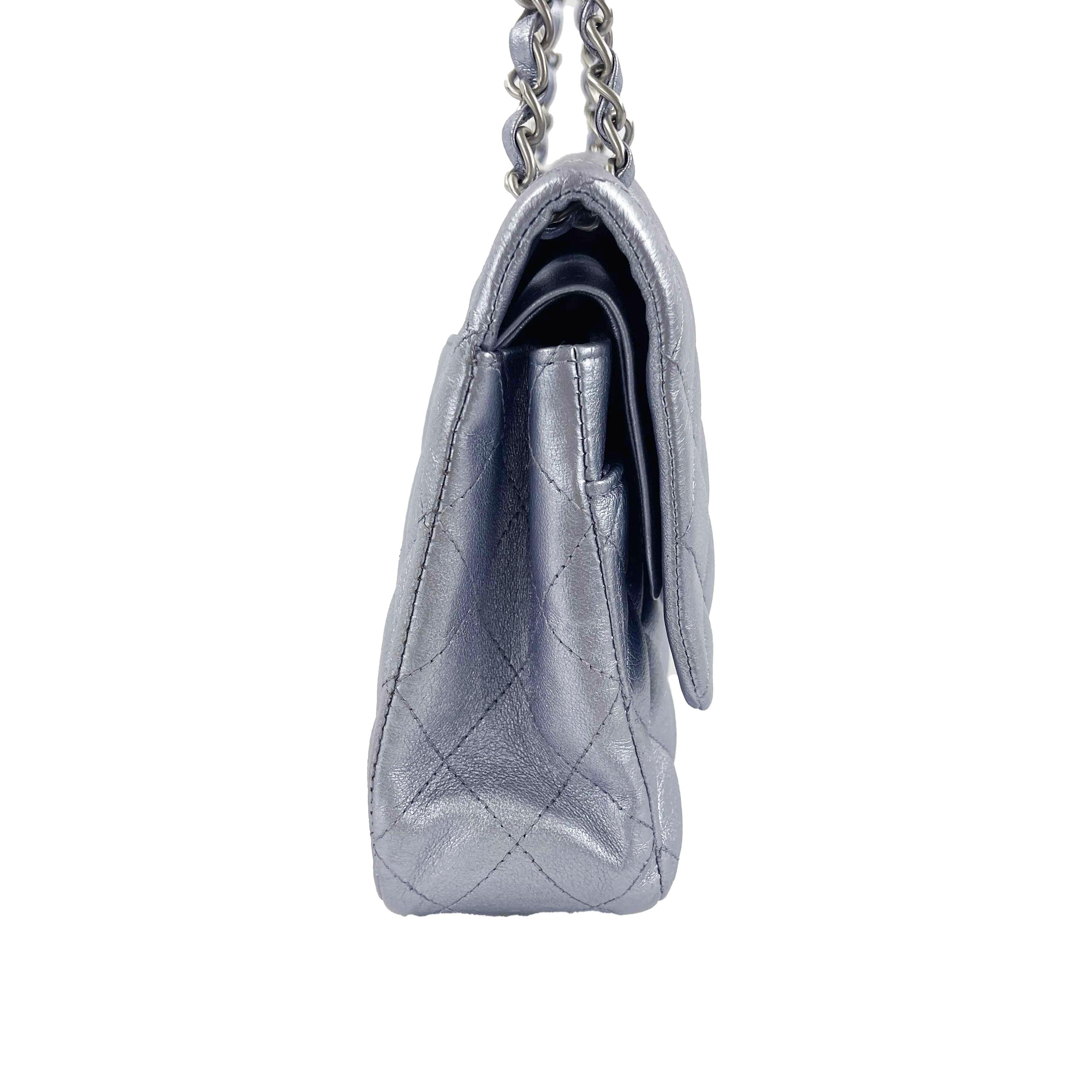 CHANEL - Classic Double Flap Metallic Silver CC Medium Leather Shoulder Bag 4