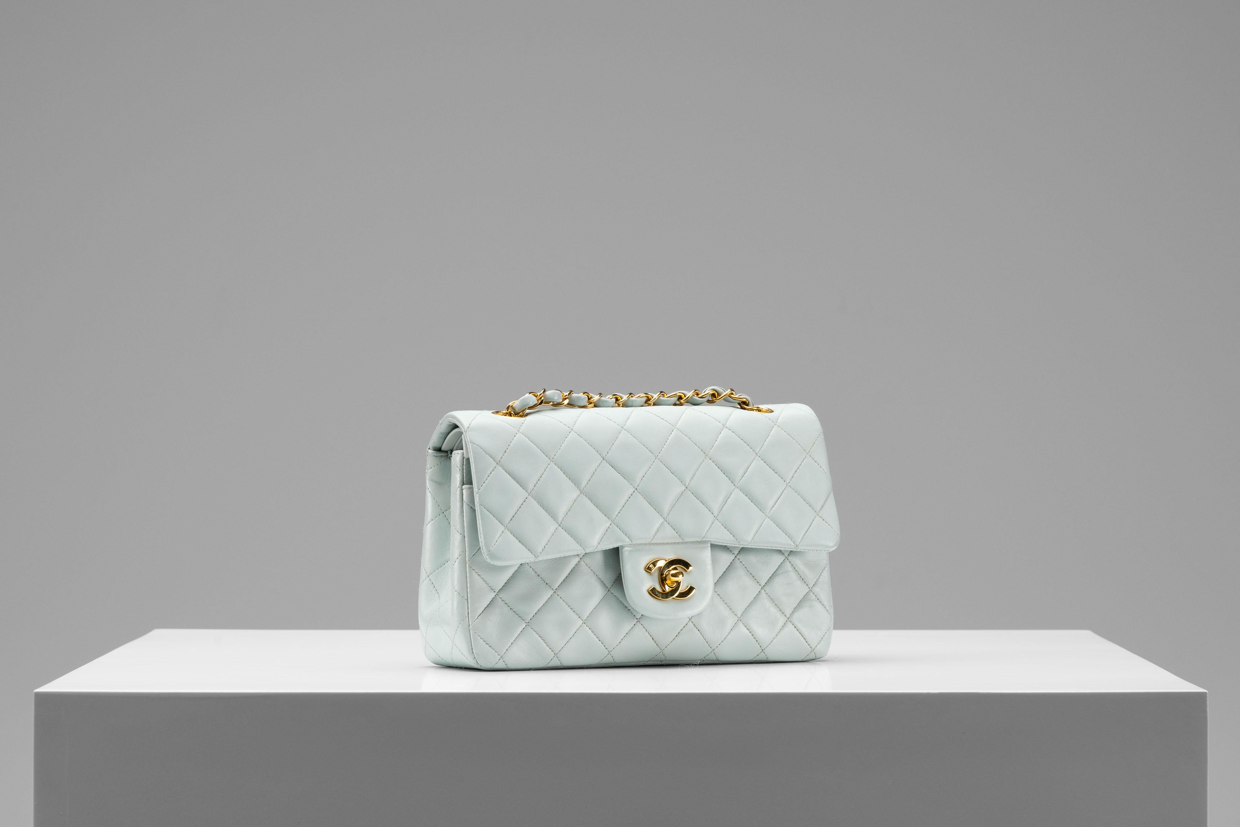 Women's or Men's Chanel Classic Double Flap Small Baby Blue 24k GHW Rare