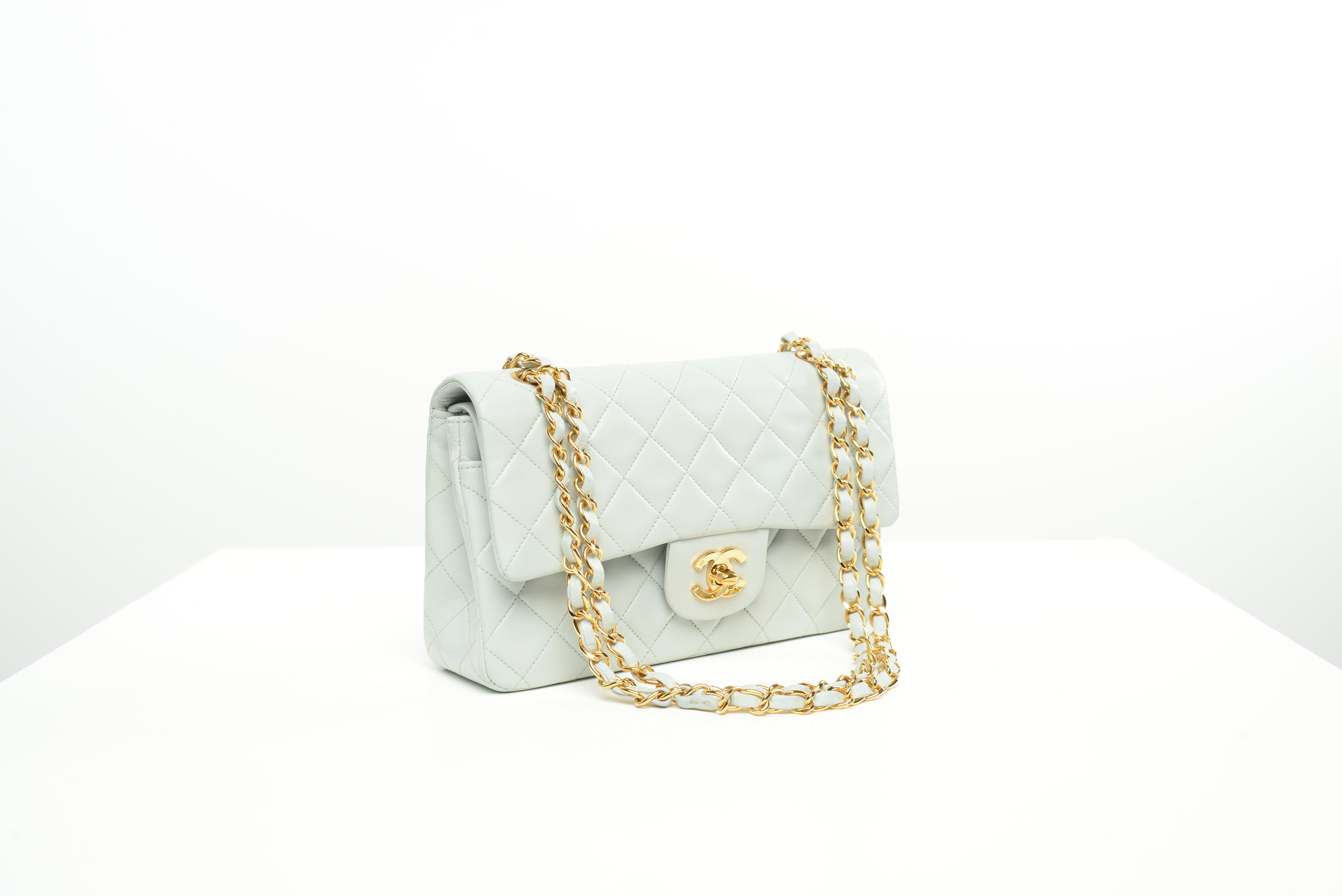 Chanel Classic Double Flap Small Baby Blue RARE 24k Gold Hardware Lambskin  5