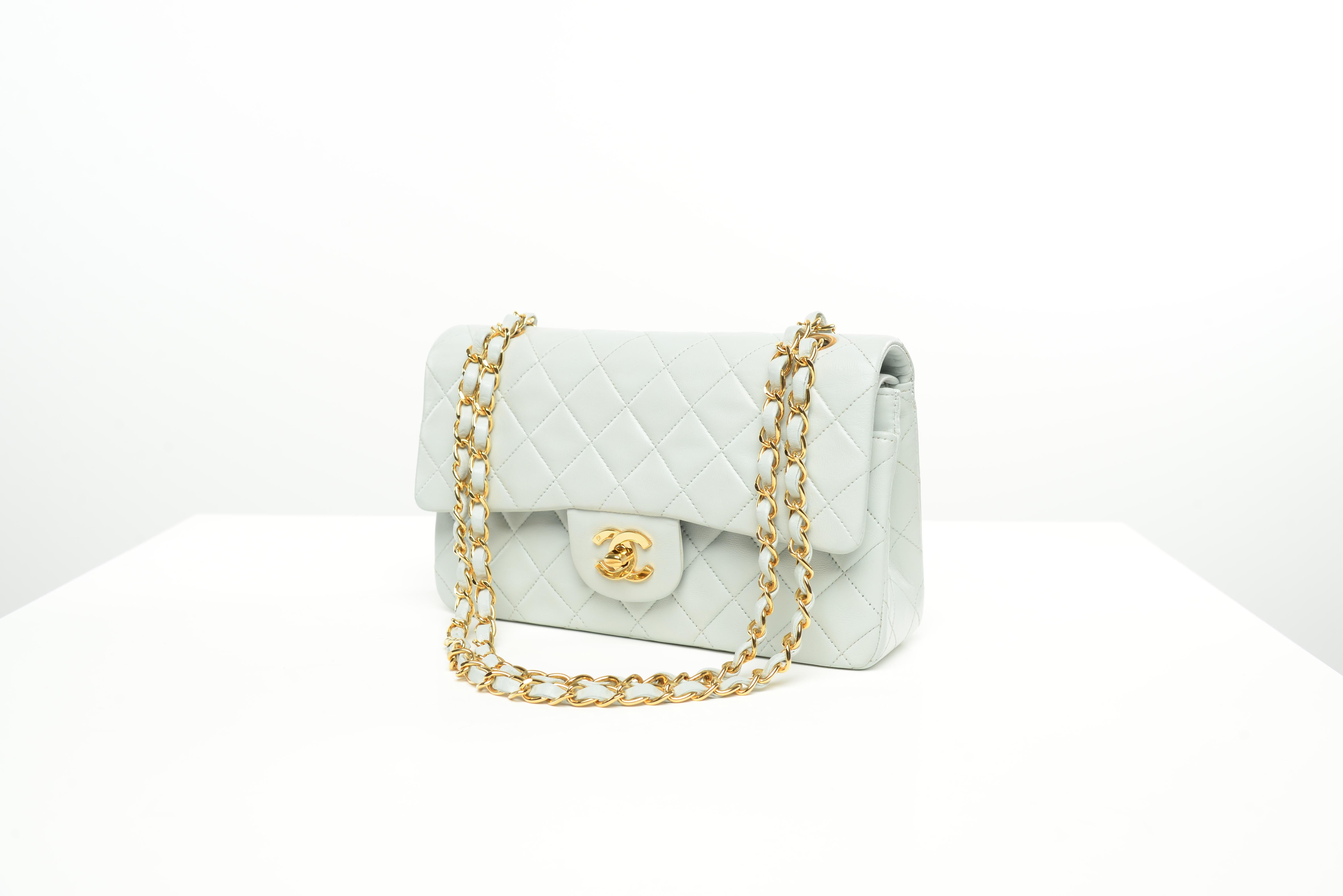 Chanel Classic Double Flap Small Baby Blue RARE 24k Gold Hardware Lambskin  In Good Condition In Roosendaal, NL