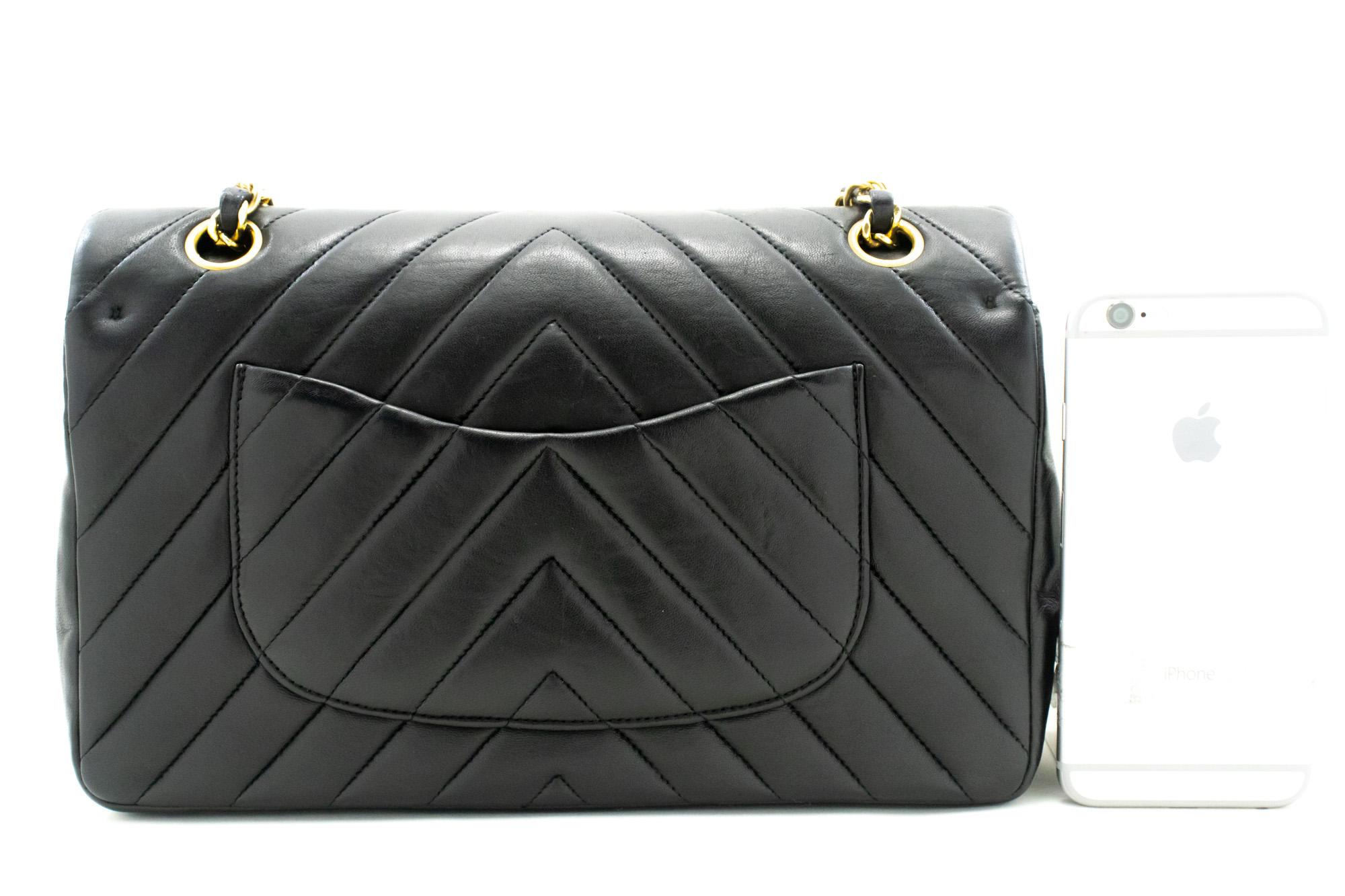 CHANEL Classic Double Flap V-Stitch Chain Shoulder Bag Black Lamb In Good Condition In Takamatsu-shi, JP