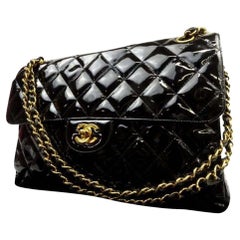 Vintage Chanel Classic Double Jumbo Quilted Flap 223006 Black Patent Leather Shoulder