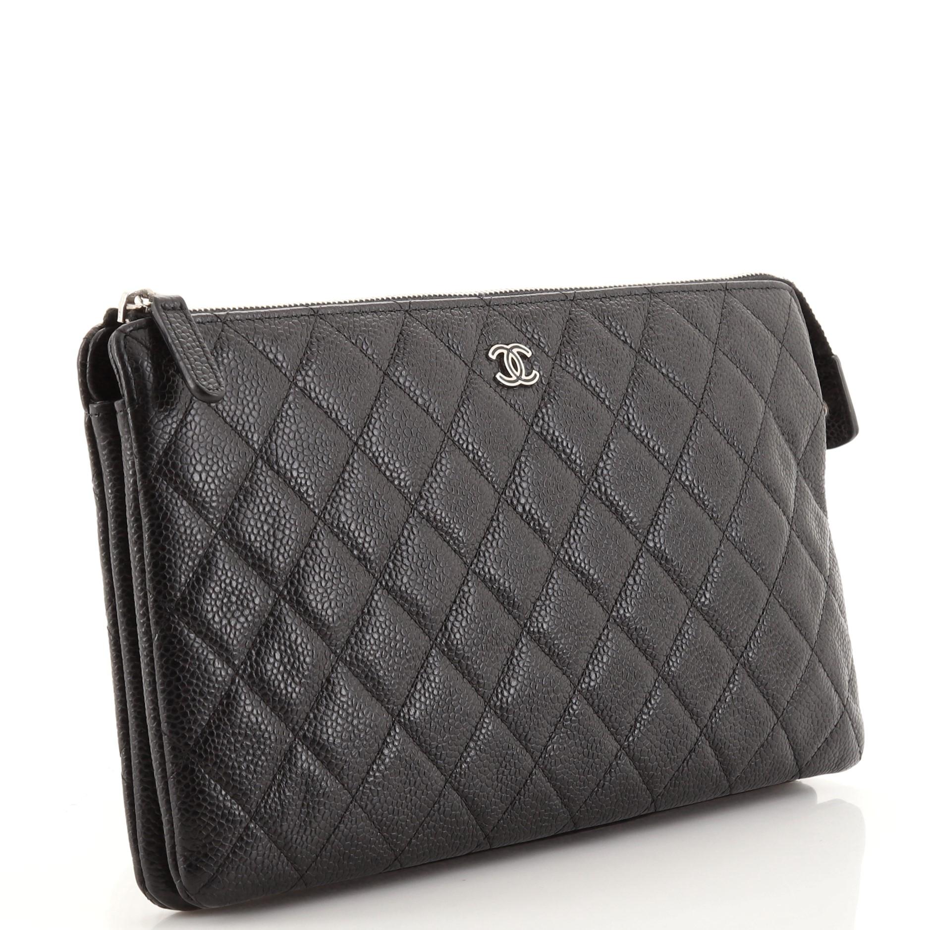 Black Chanel Classic Double Pocket Zip Pouch Quilted Caviar Medium