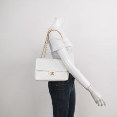 Chanel Classic Flap 1996 White Leather 24k Gold Plated Giant CC Logo