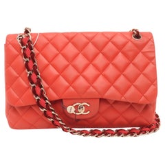 Chanel Classic Flap 2009 Large Red Leather Gold Hardware Velvet Chain Strap