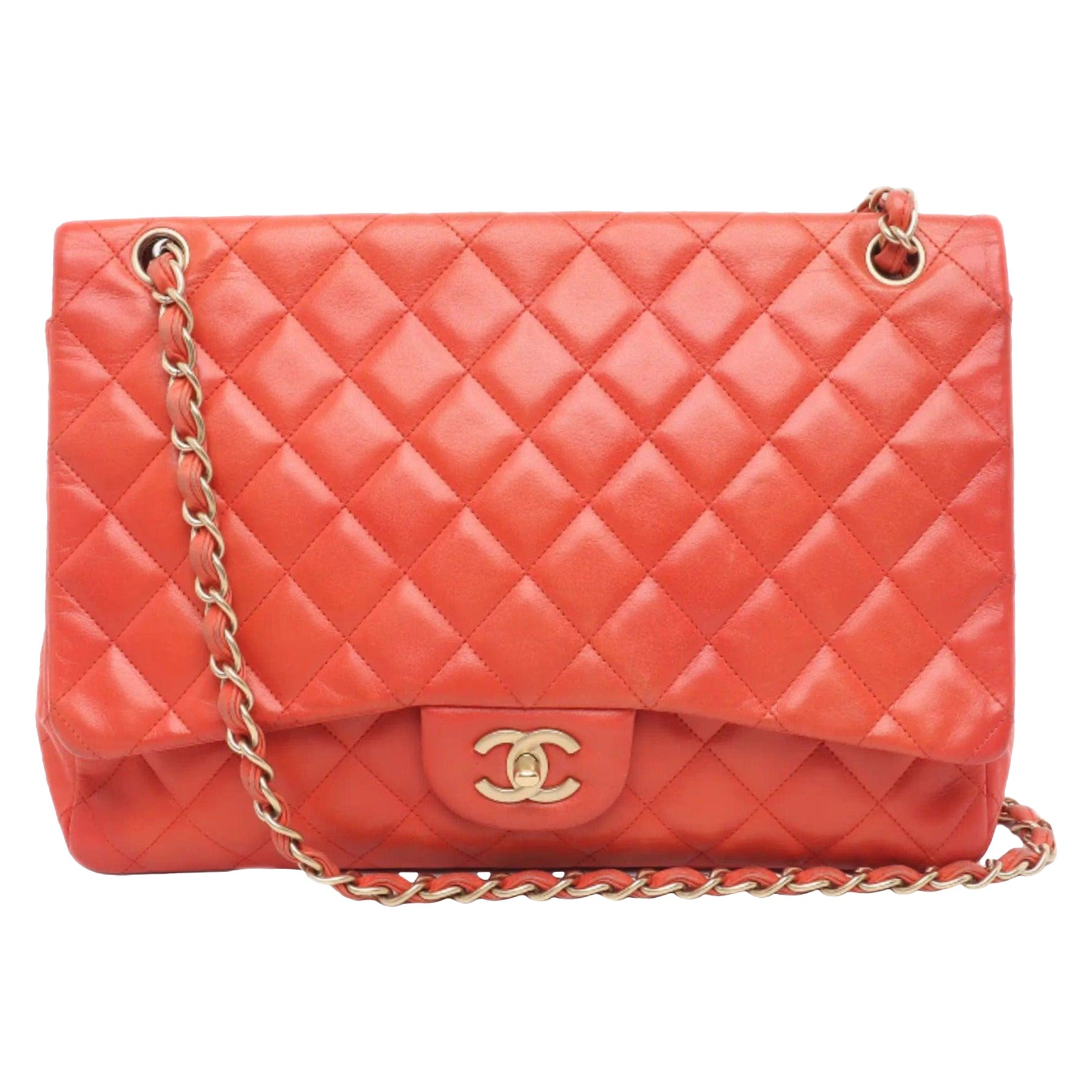 Chanel Classic Flap 2009 Maxi Red Lambskin Leather Gold-tone Hardware