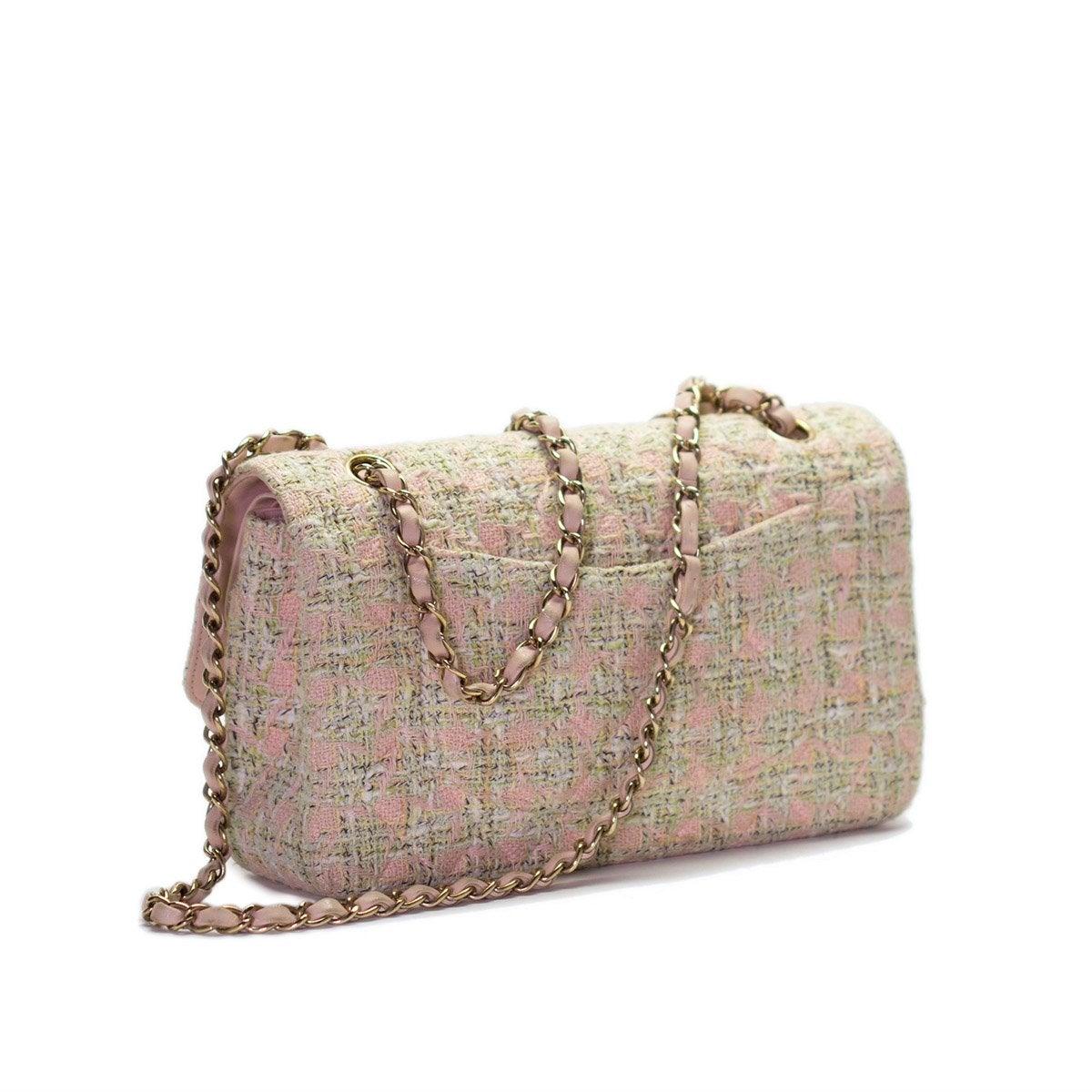 Beige Chanel 2005 Vintage Medium Classic Double Flap 2.55 Baby Pink Tweed Shoulder Bag For Sale