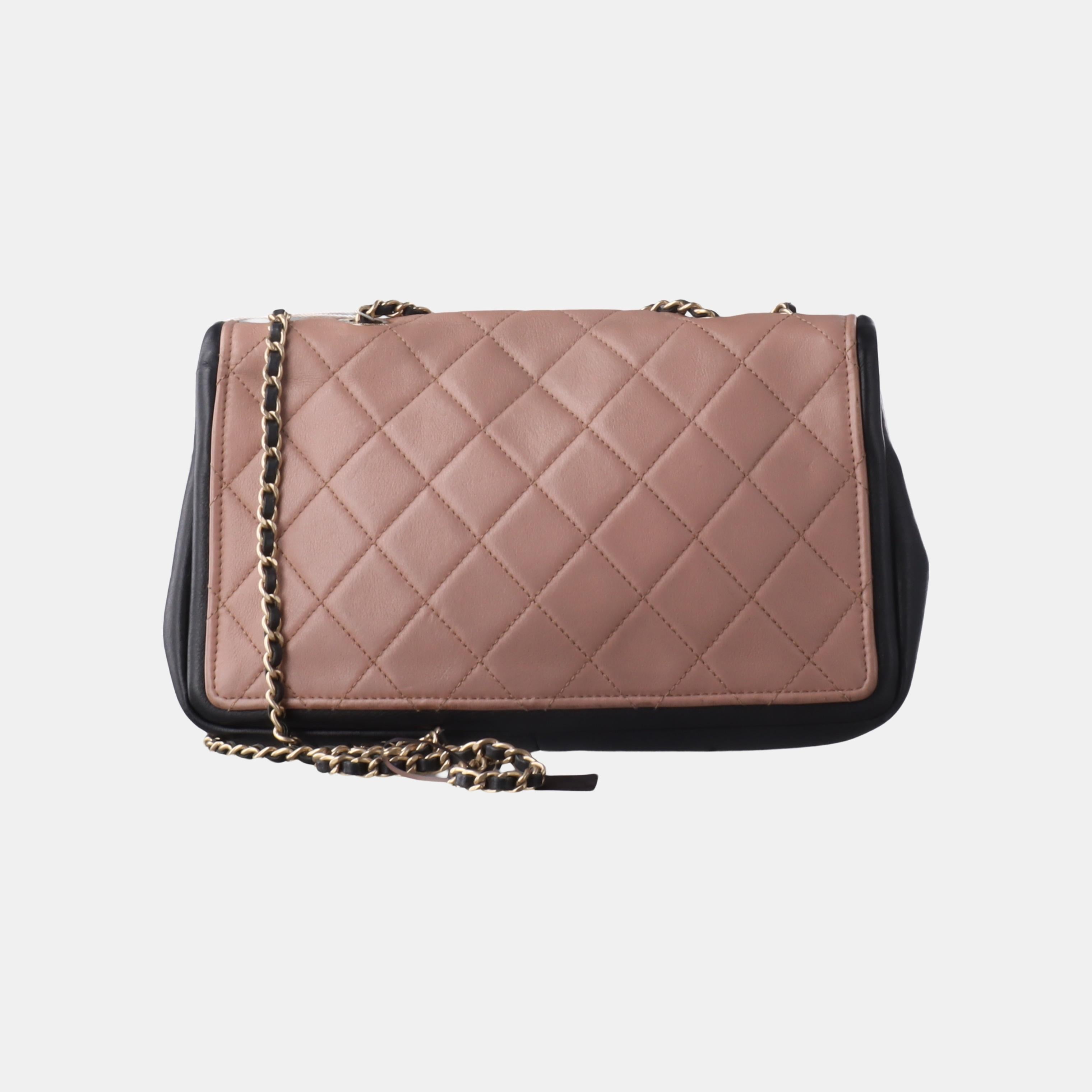 Brown Chanel Classic Flap Bag Calfskin Leather 2014 Medium Nude Pink with Black Trim For Sale
