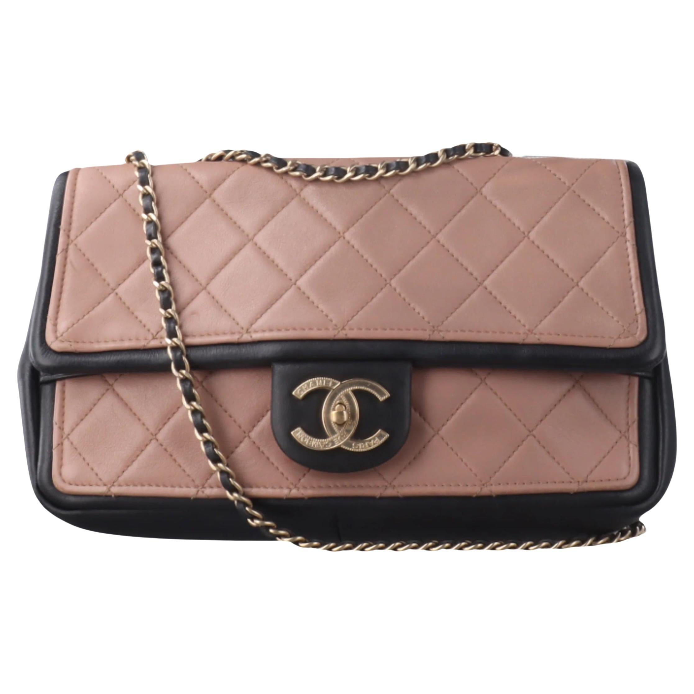 Chanel Classic Flap Bag Calfskin Leather 2014 Medium Nude Pink with Black Trim For Sale