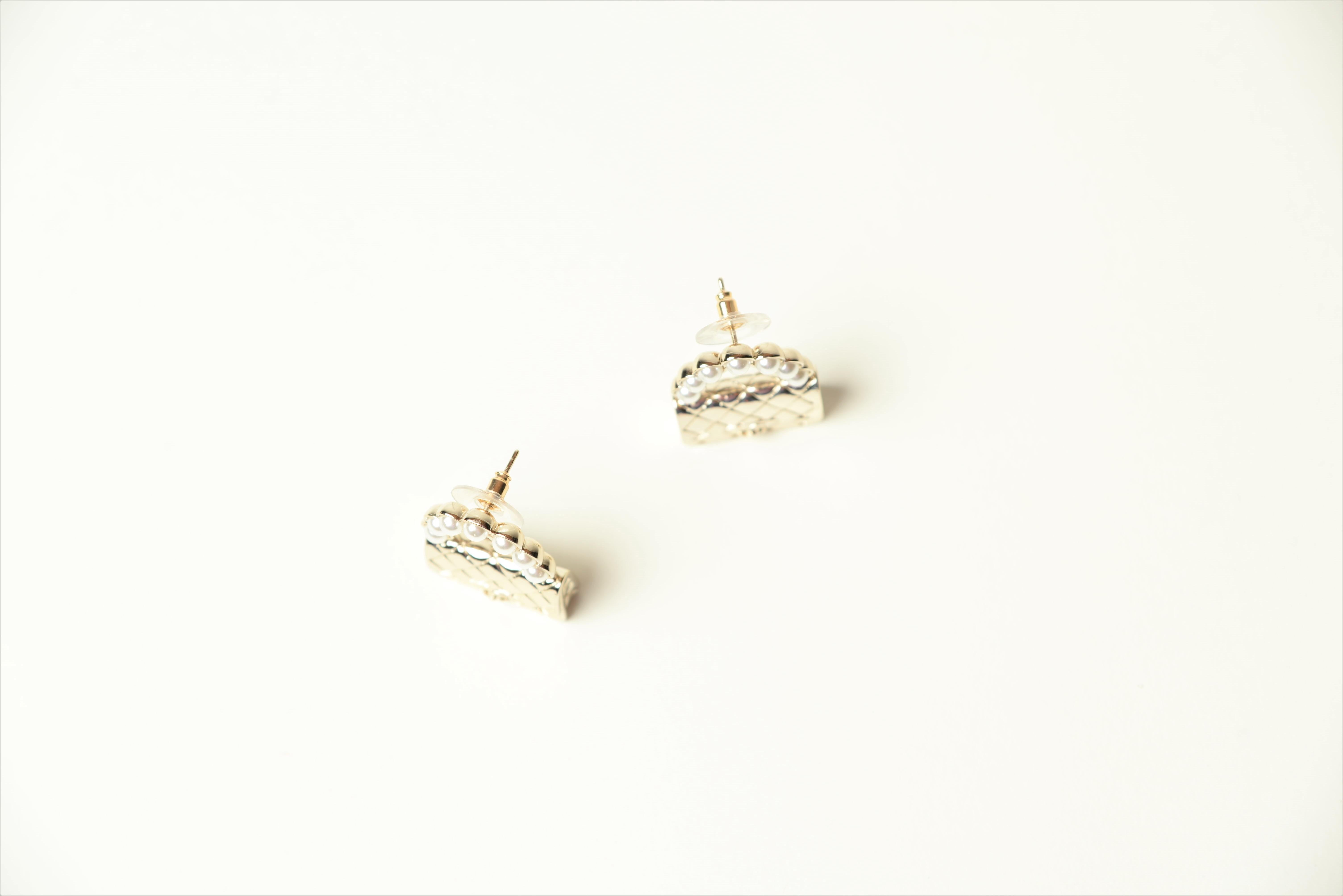Chanel Classic Flap Bag Earrings Champagne Metal and Glass Pearls 2