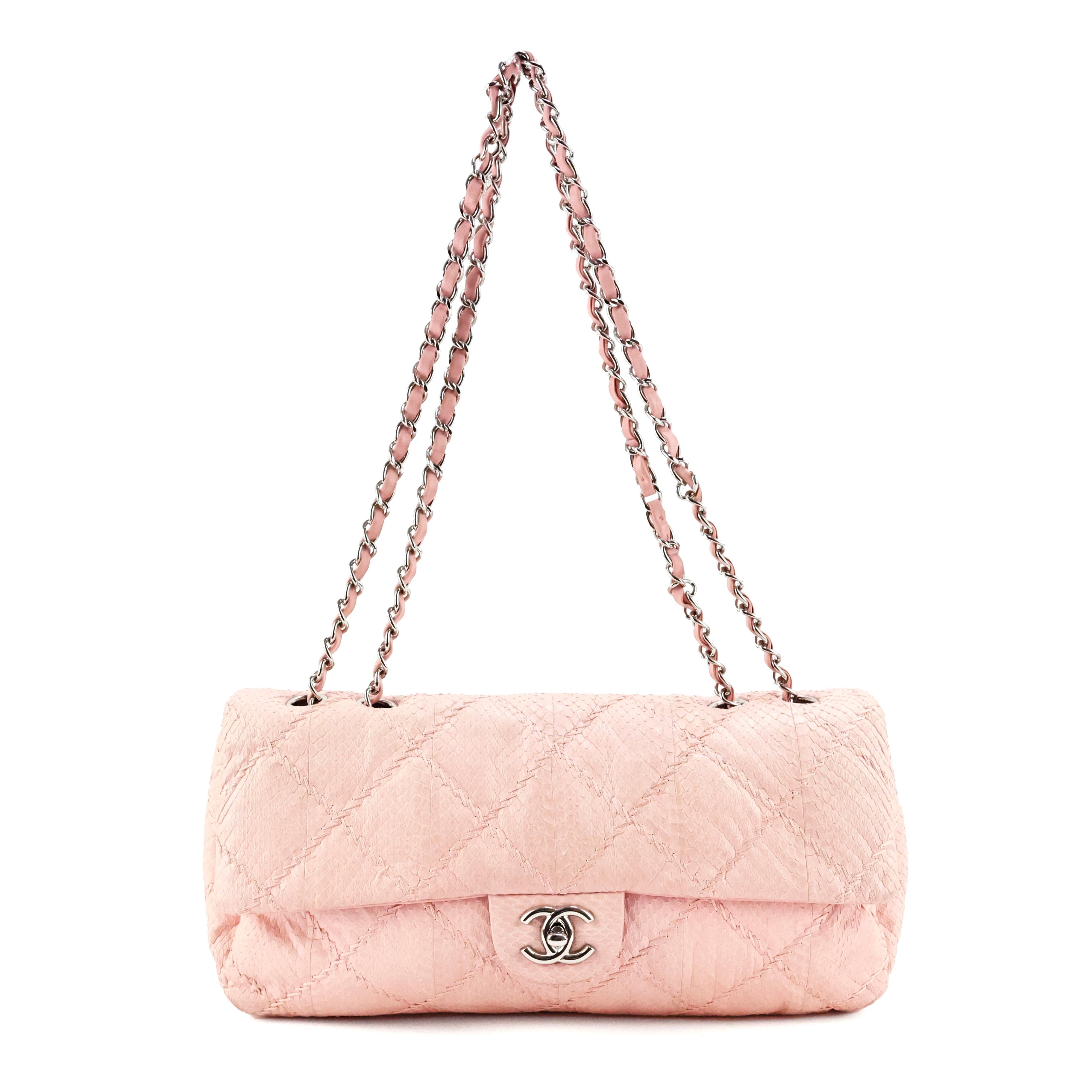 Orange Chanel Classic Flap Bag in light pink Python leather For Sale