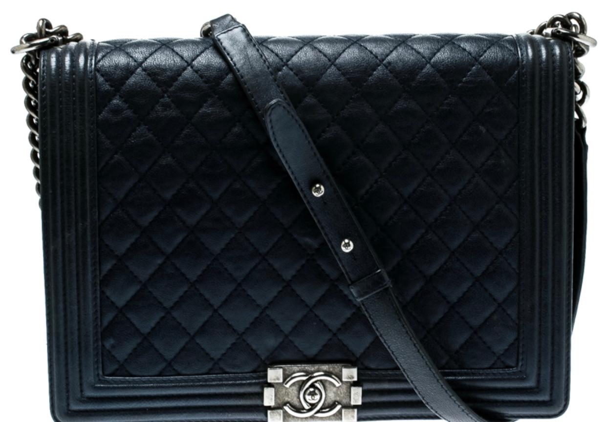 Chanel  Classic Flap Boy Le  Large Navy Blue Leather Shoulder Bag Pre- Owned 8