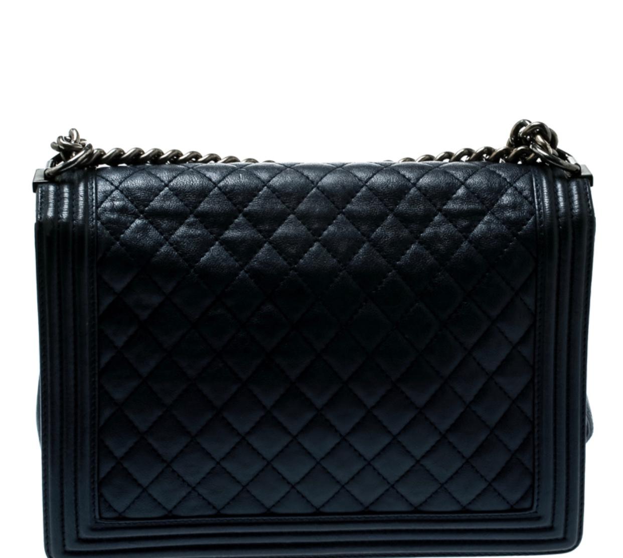 Black Chanel  Classic Flap Boy Le  Large Navy Blue Leather Shoulder Bag Pre- Owned