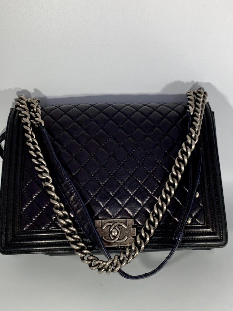 Chanel Classic Flap Boy Le Large Navy Blue Leather Shoulder Bag Pre- Owned For Sale at 1stdibs