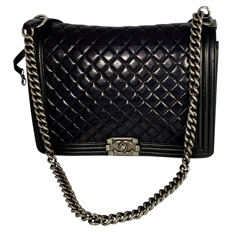 Chanel Classic Flap Boy Le Large Navy Blue Leather Shoulder Bag Pre- Owned For Sale at 1stdibs