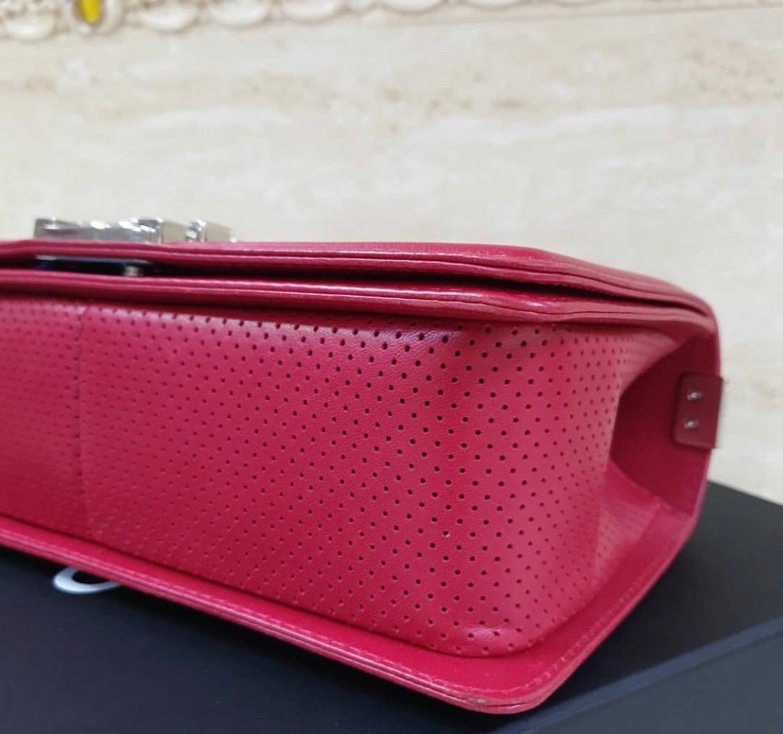 Chanel Classic Flap Boy Perforated Medium Red Leather  In Excellent Condition In Krakow, PL