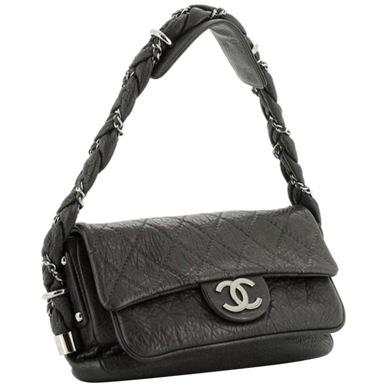 Chanel Classic Flap Braid Quilted Small Black Distressed Lambskin Shoulder Bag For Sale at